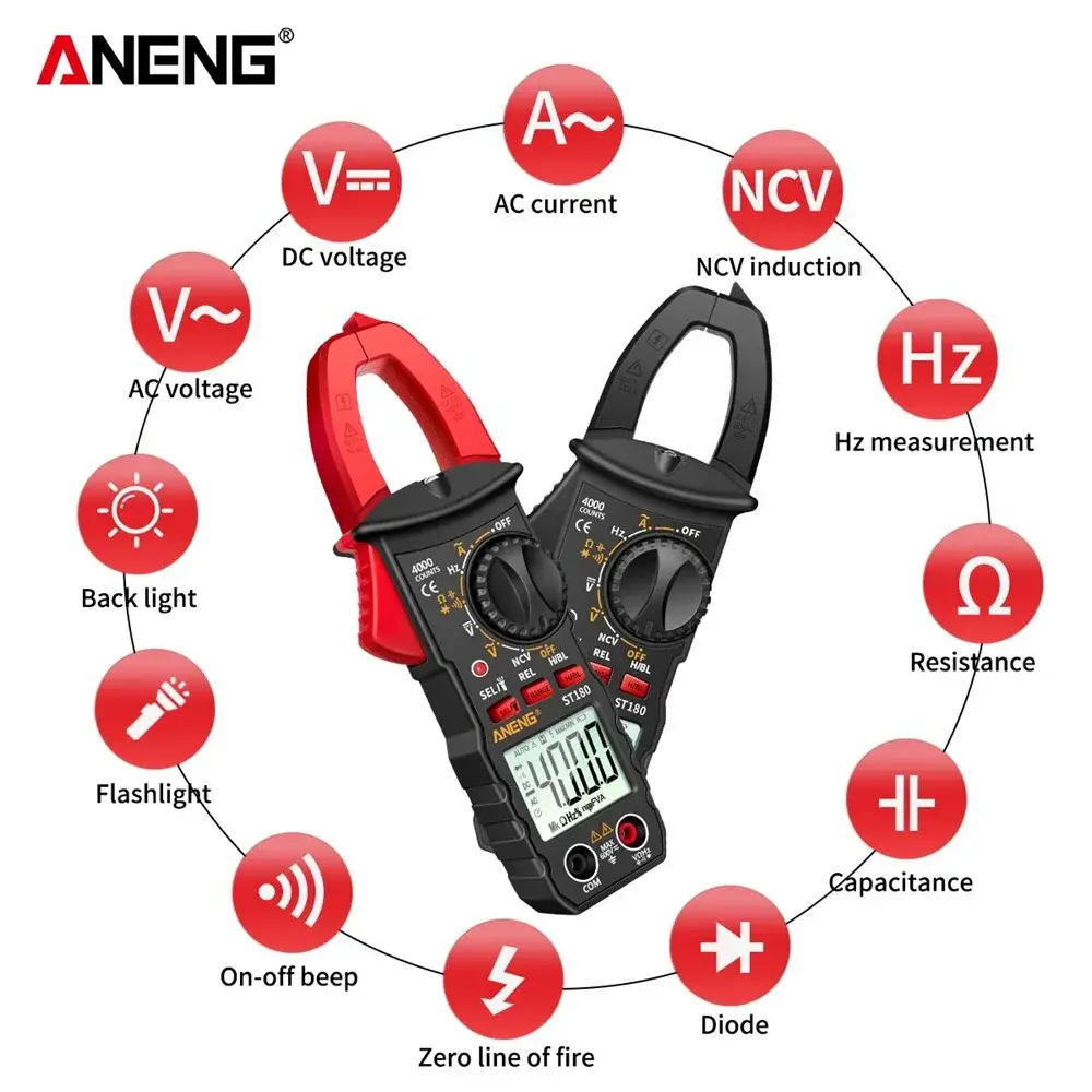 ANENG ST180 Digital Clamp Meter Multimeter AC Current Meter 4000 Counts Ammeter Voltage Tester Amp Hz Capacitance NCV Ohm Tool