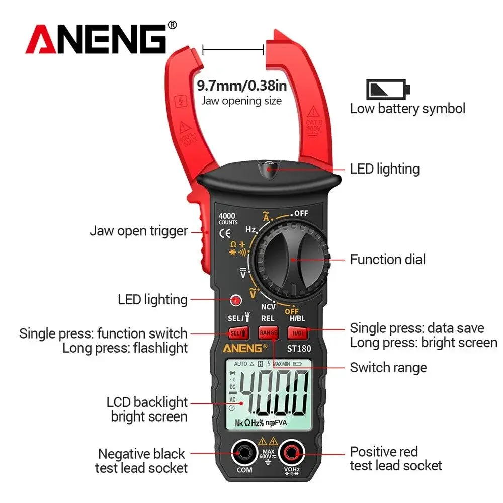 ANENG ST180 Digital Clamp Meter Multimeter AC Current Meter 4000 Counts Ammeter Voltage Tester Amp Hz Capacitance NCV Ohm Tool