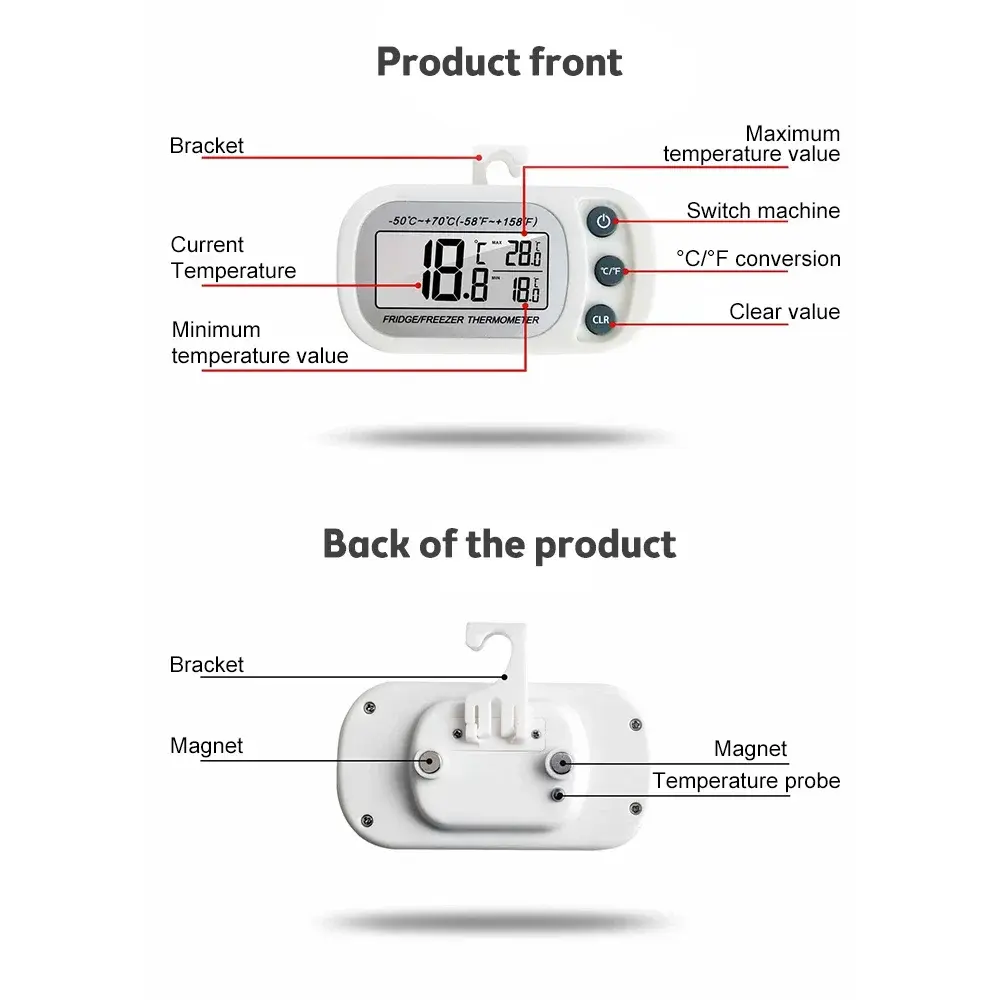 Digital Freezer Room Thermometer Max/Min Record Waterproof Fridge Thermometer Magnetic Back& Hook for Kitchen Home Restaurant