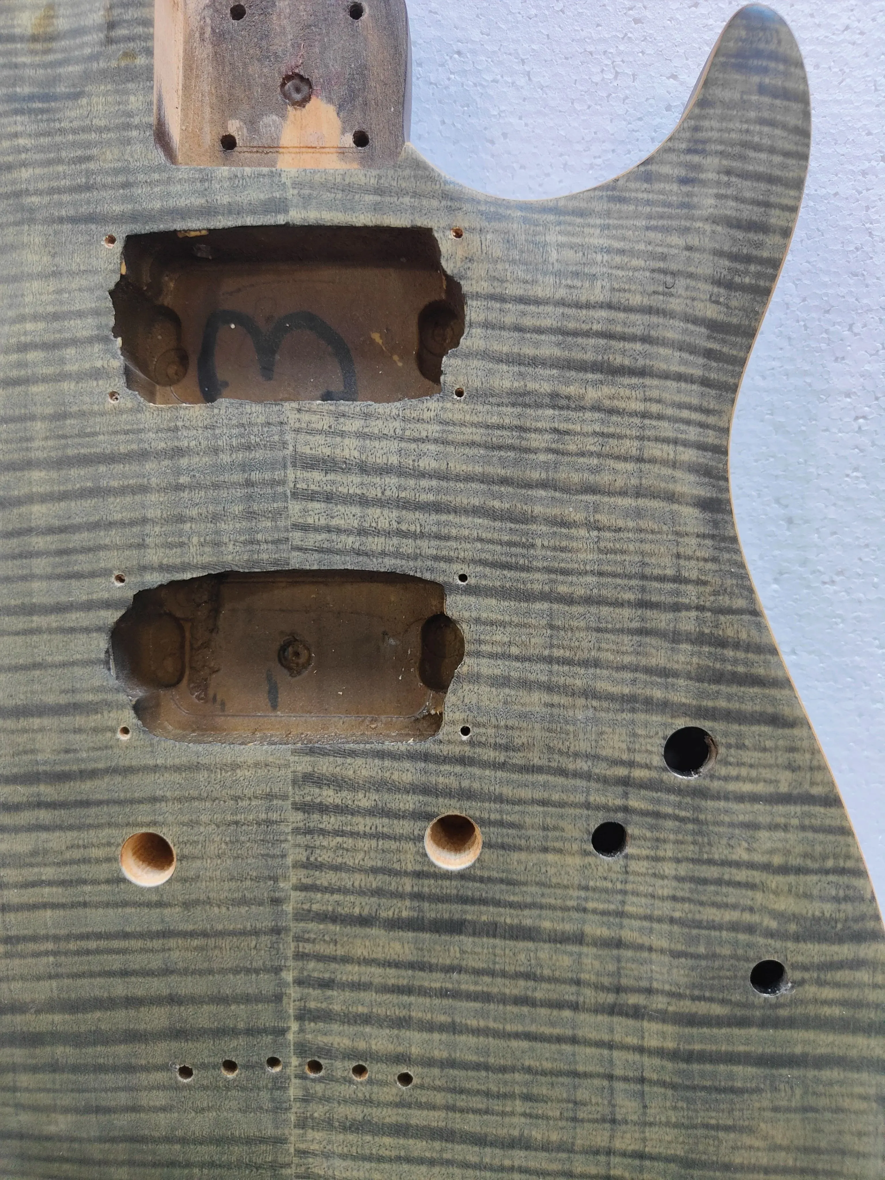 Electric Guitar Body Unfinished Basswood Flame Maple Veneer, Defective, Red Sunset, Real Photos, Stock
