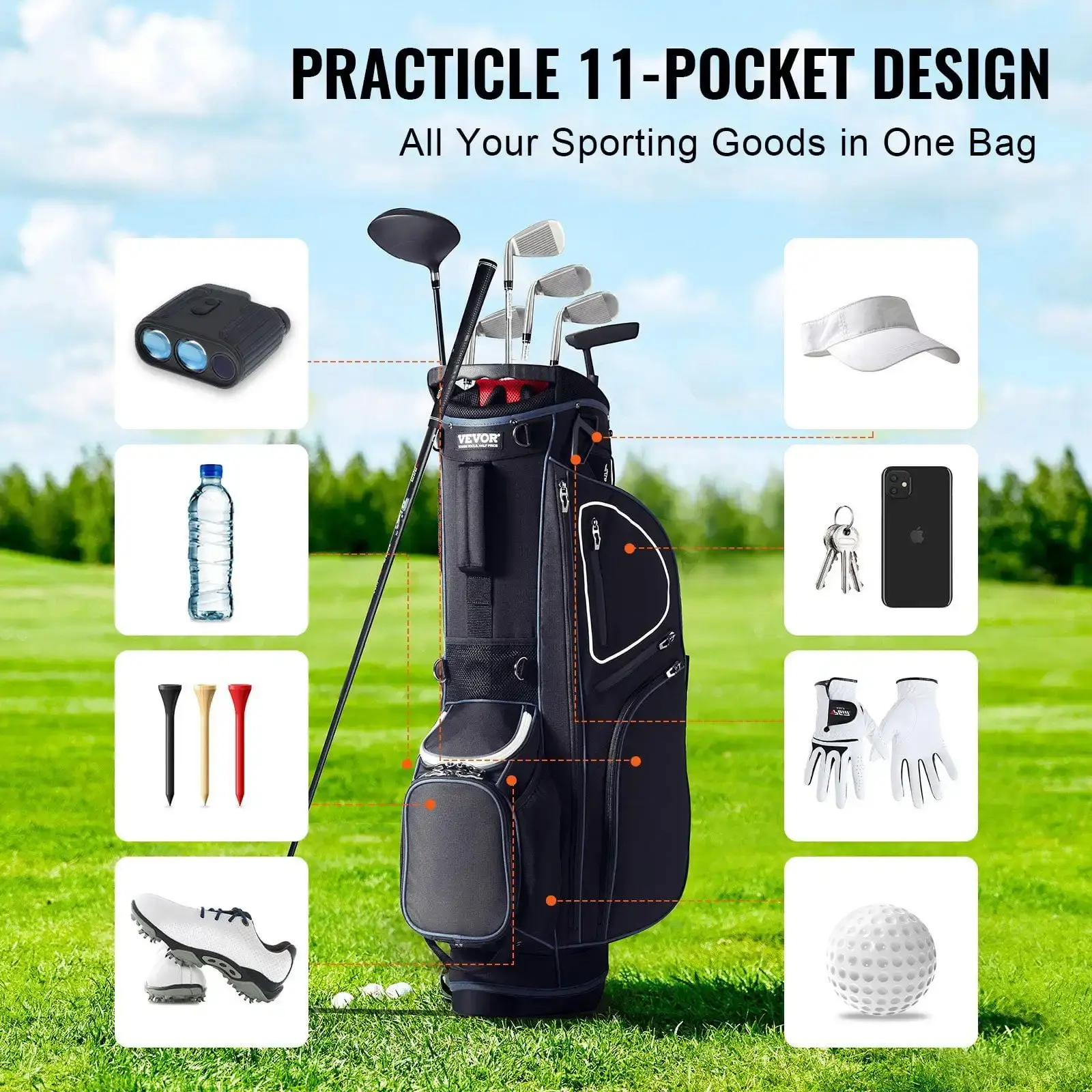 Golf Cart Bag with 14 Way Organizer Divider Top, 11 Pockets Premium Cart Bag with Handles & Dust Cover & Detachable Dual Strap