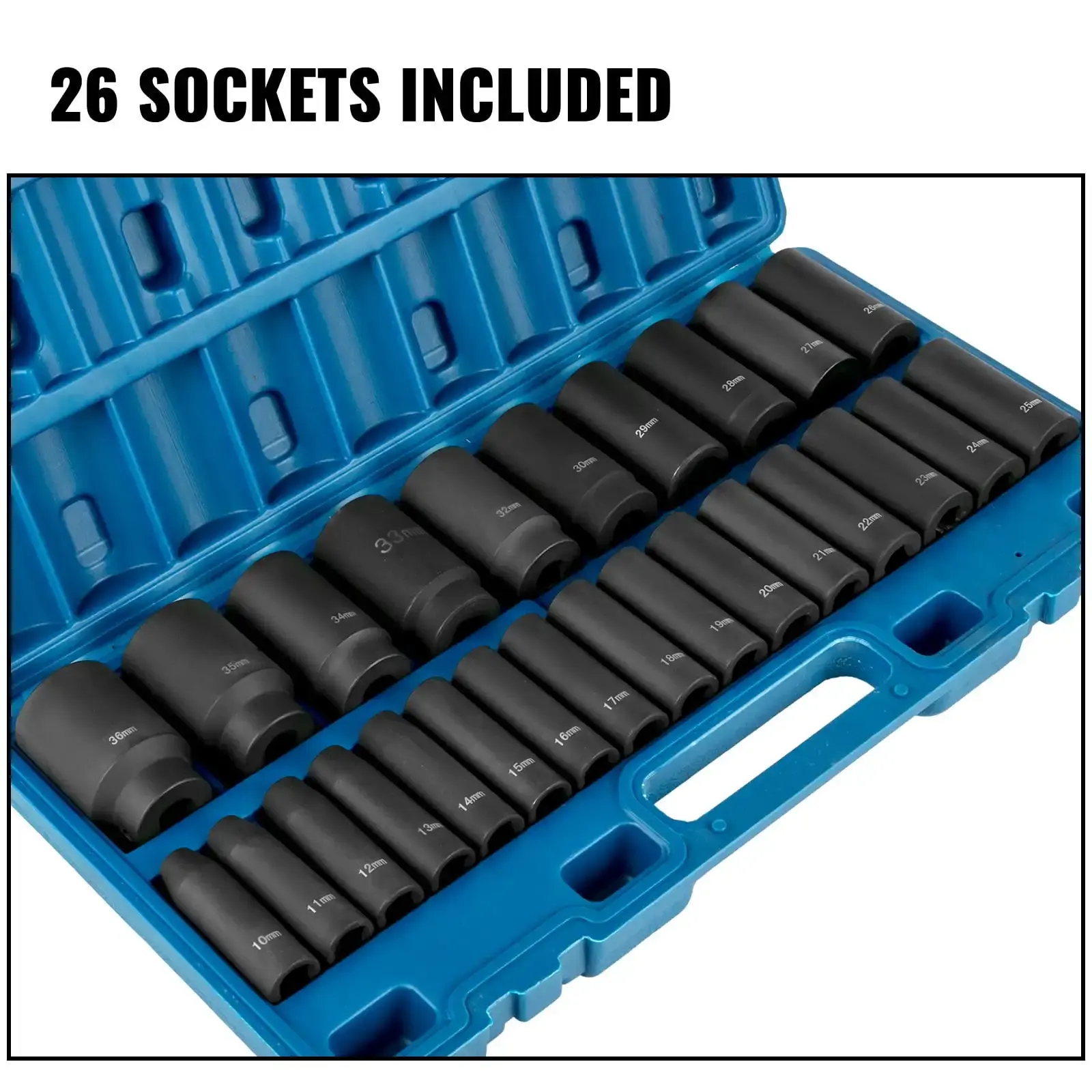 Impact Socket Set 1/2 inches 26 Piece Impact Sockets, 1/2 inches Drive Socket Set Impact Metric 10 mm - 36 mm