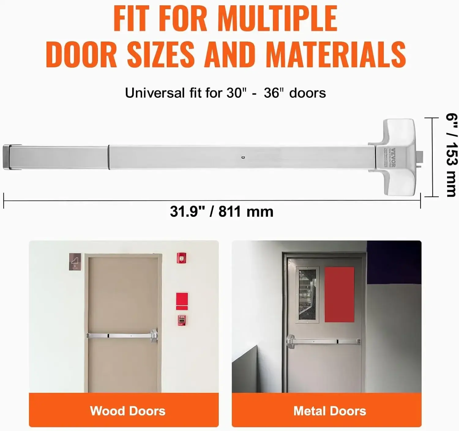 Door Push Bar Panic Exit Device, 31” Stainless Steel Commercial Emergency Exit Door Push Bar with Exterior Lever and 3 Keys