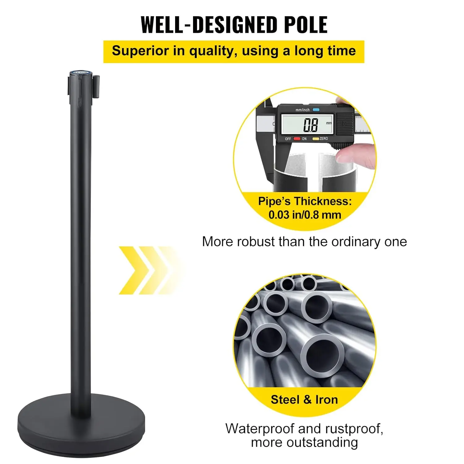 Crowd Control Stanchion Set, Stanchion Set with 6.6 ft/2 m Black Retractable Belt, Concrete and Solid Metal Base