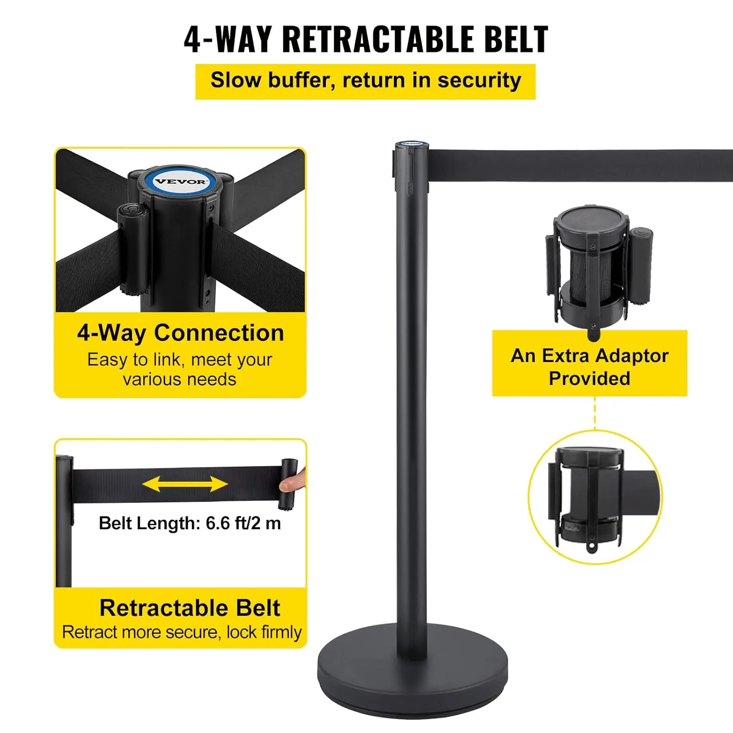 Crowd Control Stanchion Set, Stanchion Set with 6.6 ft/2 m Black Retractable Belt, Concrete and Solid Metal Base