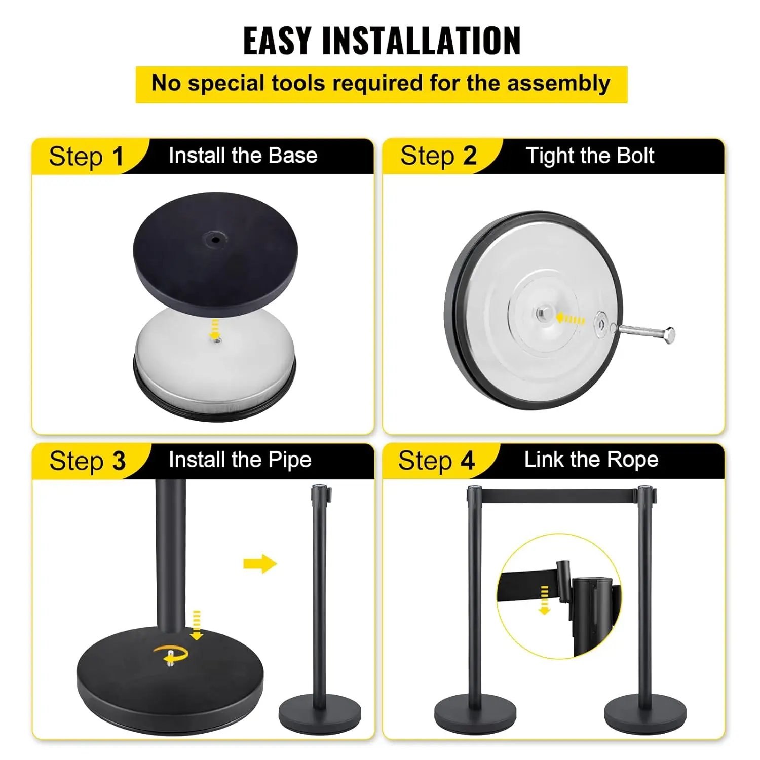Crowd Control Stanchion Set, Stanchion Set with 6.6 ft/2 m Black Retractable Belt, Concrete and Solid Metal Base
