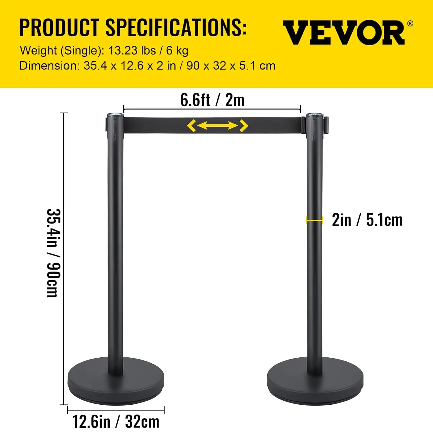 Crowd Control Stanchion Set, Stanchion Set with 6.6 ft/2 m Black Retractable Belt, Concrete and Solid Metal Base