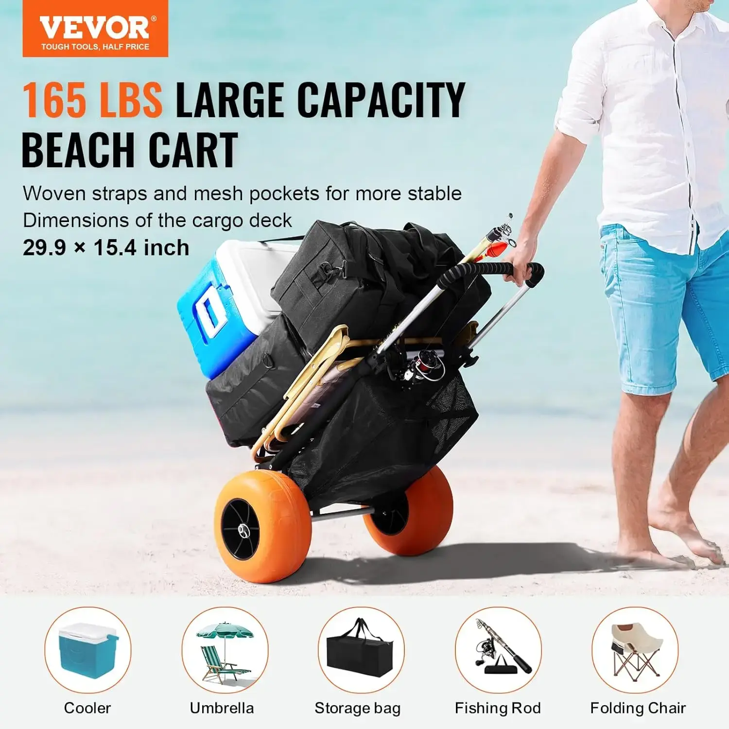 Beach Dolly with Big Wheels for Sand, 29.9" x 15.4" Cargo Deck, w/ 12" Foam Wheels, 165LBS Loading Capacity