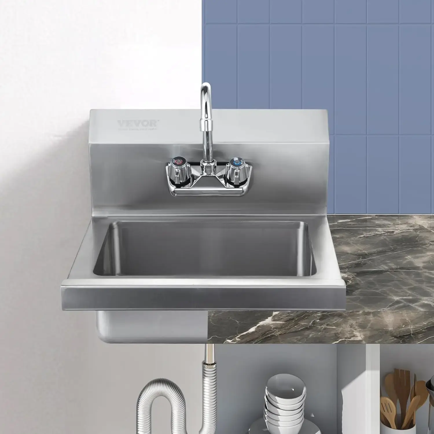 Commercial Hand Sink with Faucet and Side Splash, NSF Stainless Steel Sink for Washing, Small Hand Washing Sink