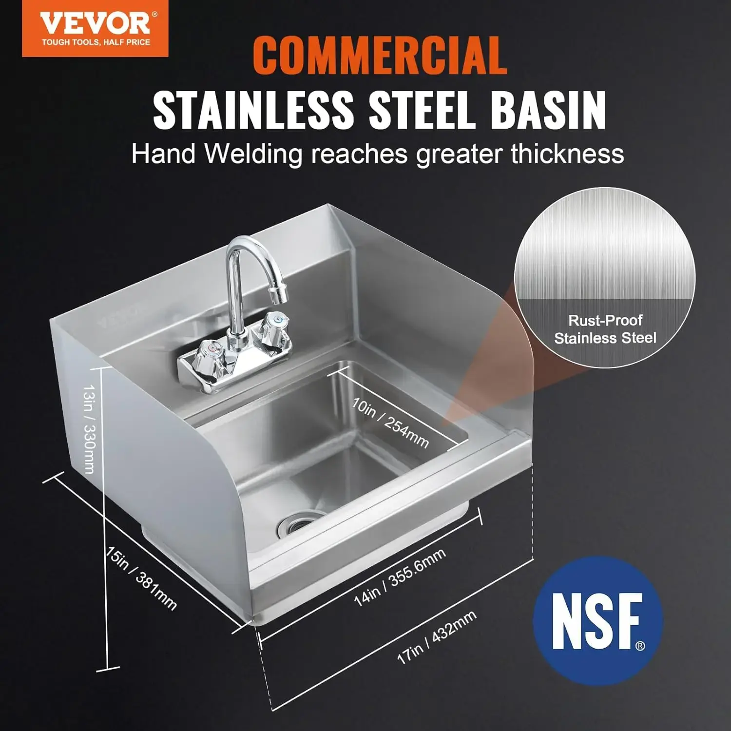 Commercial Hand Sink with Faucet and Side Splash, NSF Stainless Steel Sink for Washing, Small Hand Washing Sink