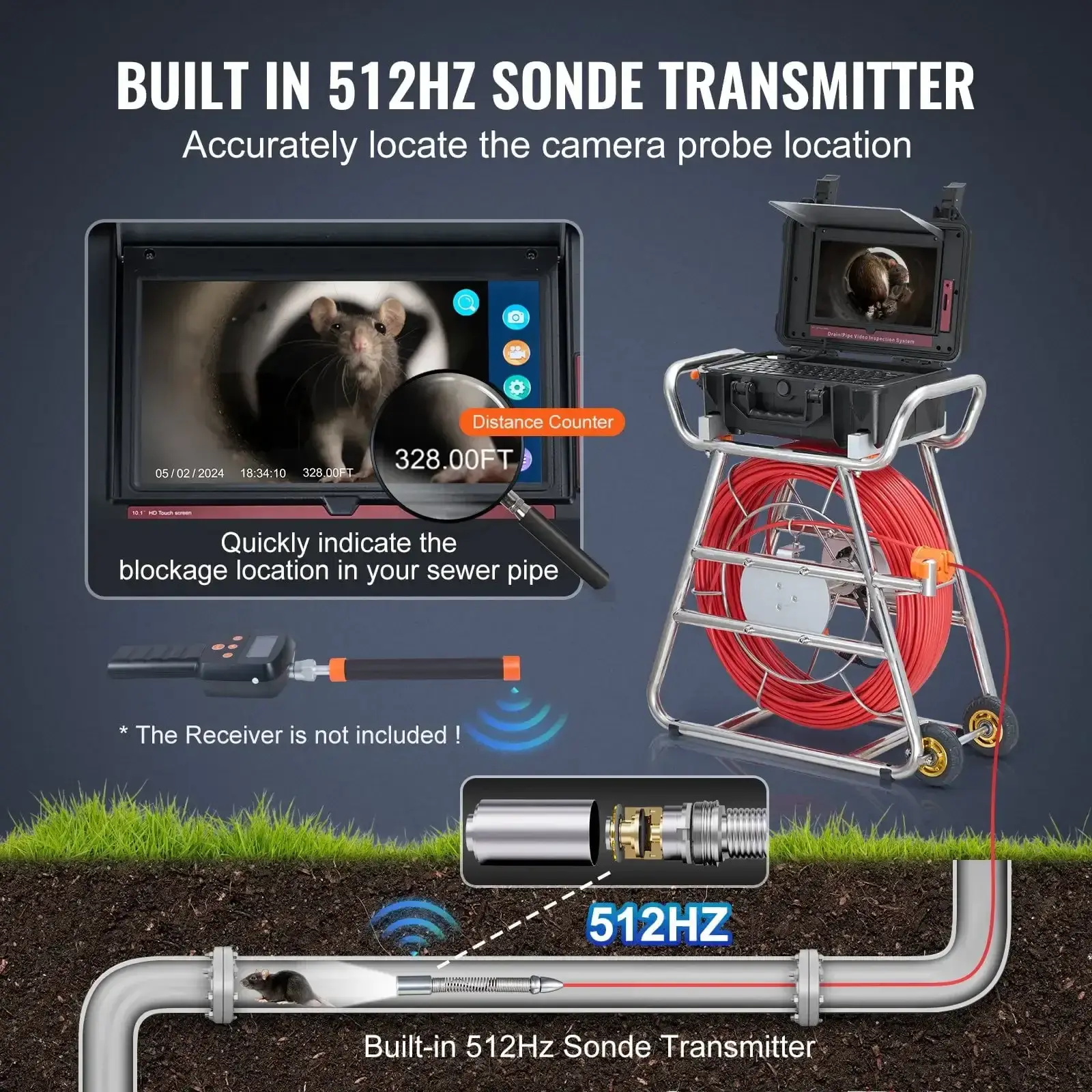 Sewer Camera 328 ft/100m Self-Leveling Drain Camera with 10.1" Touchscreen