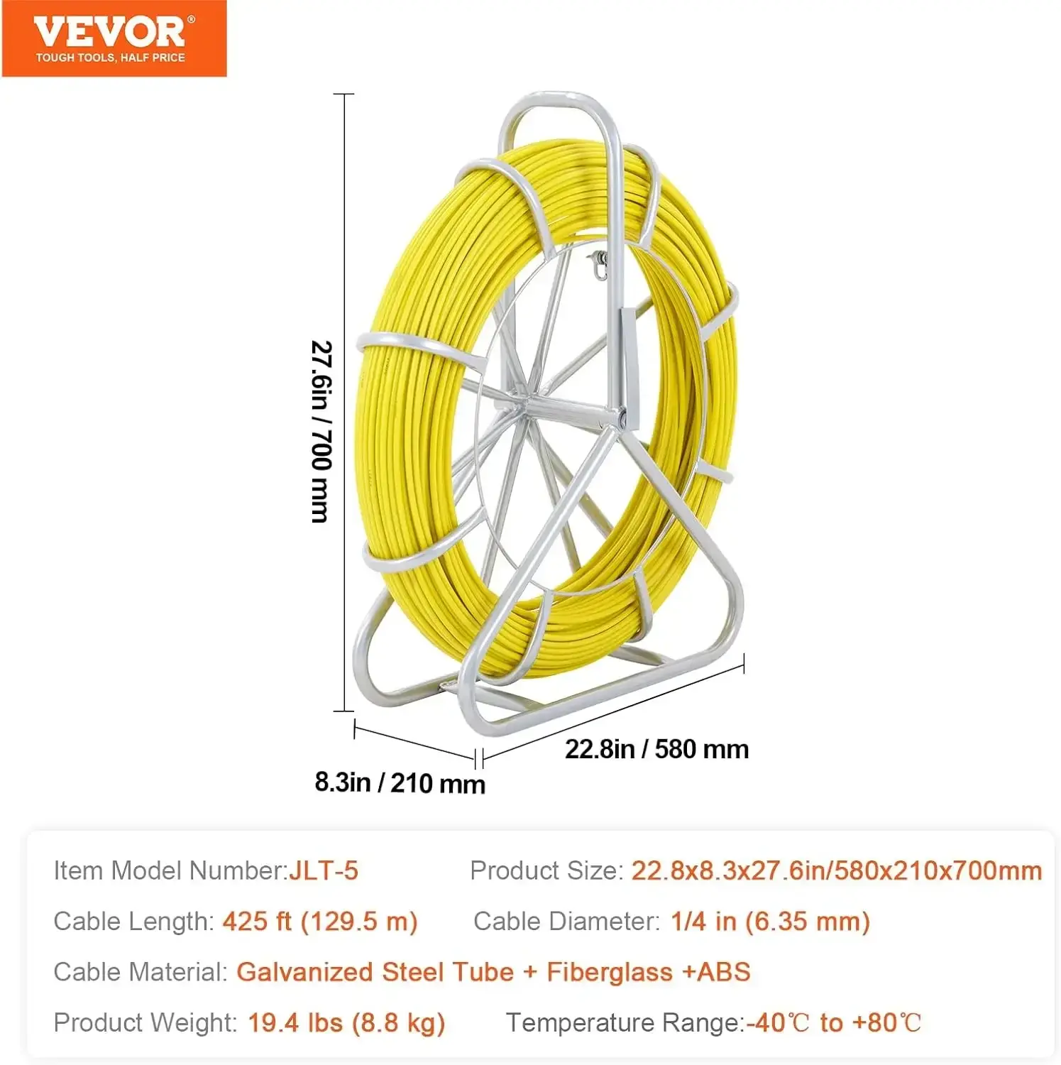 Fish Tape Fiberglass, 1/4 in, Electrical Fish Tape 425ft, Duct Rodder Fishtape Wire Puller with Steel Reel Stand 6MM x 130M