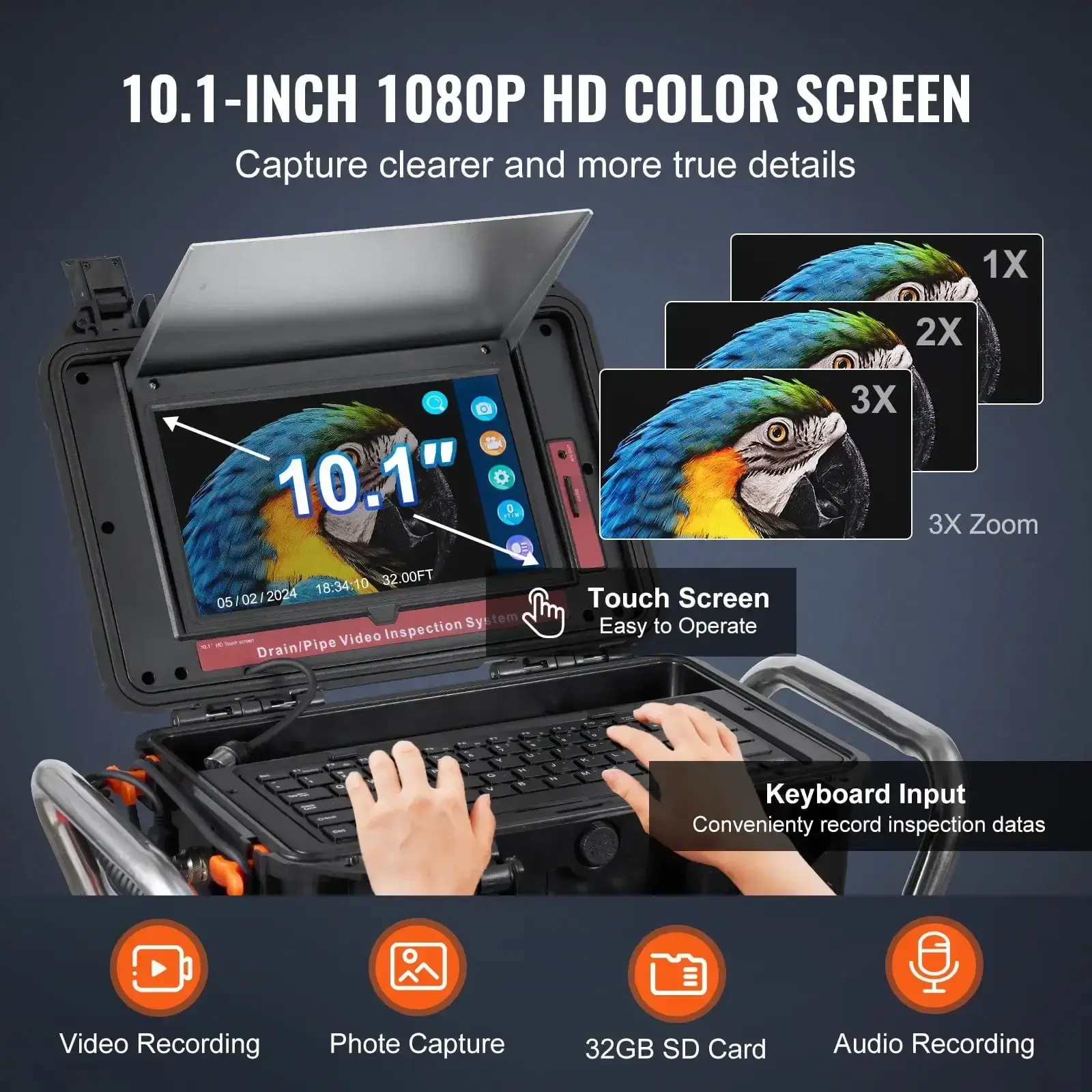 Sewer Camera 328 ft/100m Self-Leveling Drain Camera with 10.1" Touchscreen