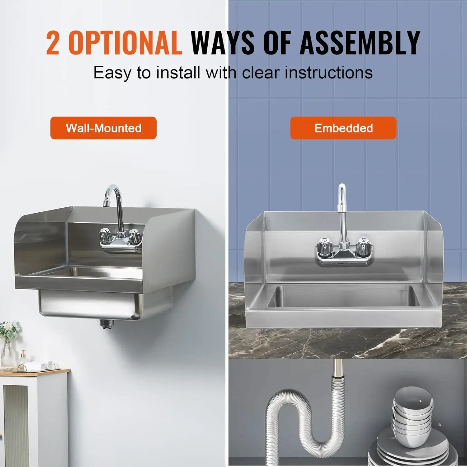 Commercial Hand Sink with Faucet and Side Splash, NSF Stainless Steel Sink for Washing, Small Hand Washing Sink