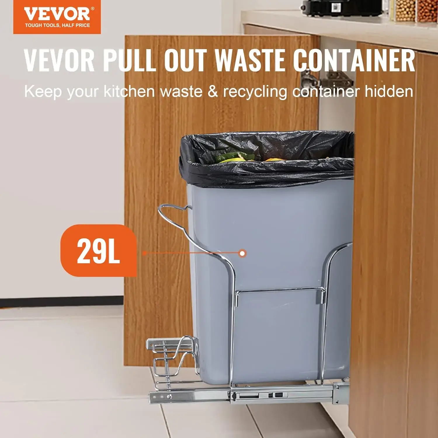 Pull-Out Trash Can, 29L Single Bin, Under Mount Kitchen Waste Container with Slide and Handle, 110 lbs Load Capacity