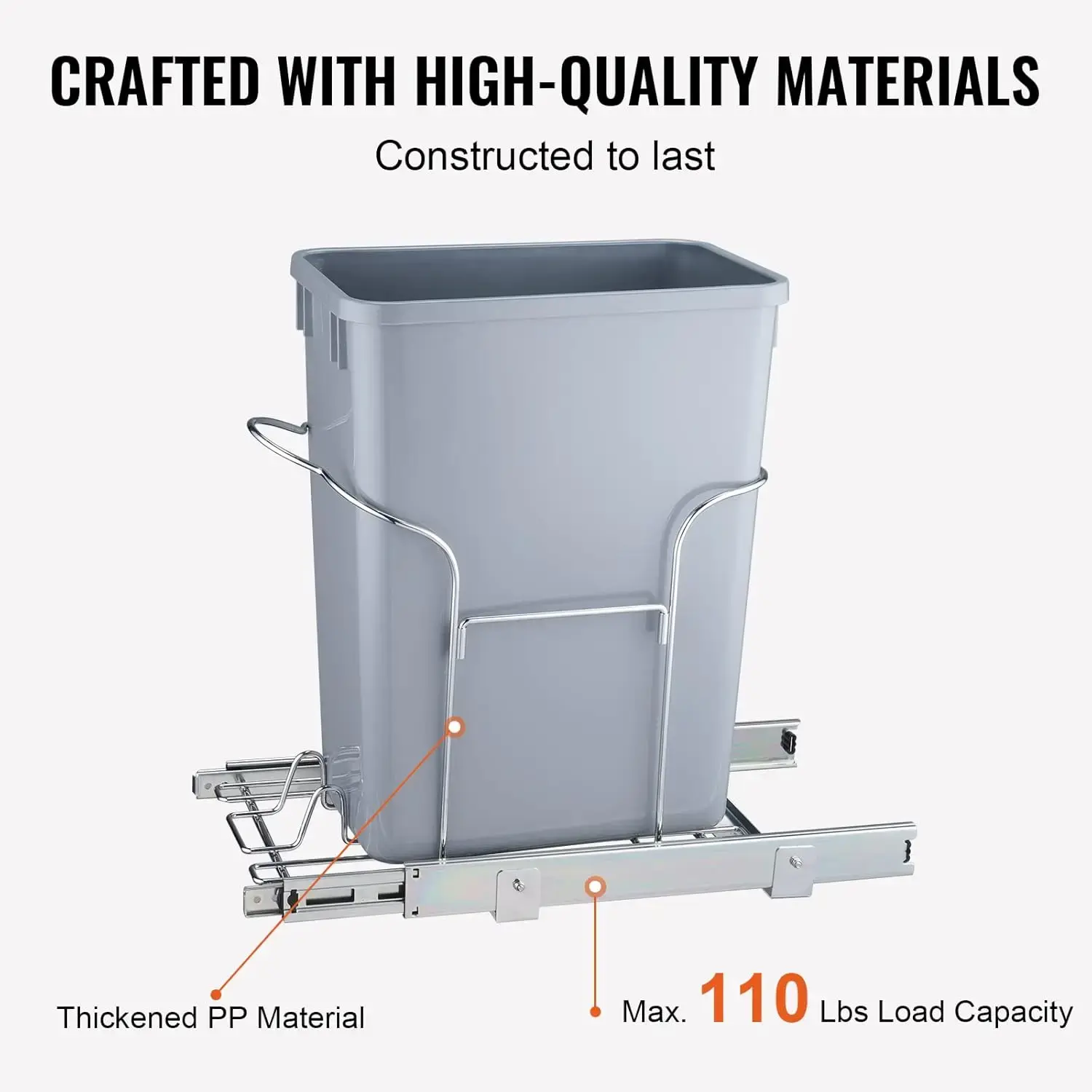 Pull-Out Trash Can, 29L Single Bin, Under Mount Kitchen Waste Container with Slide and Handle, 110 lbs Load Capacity