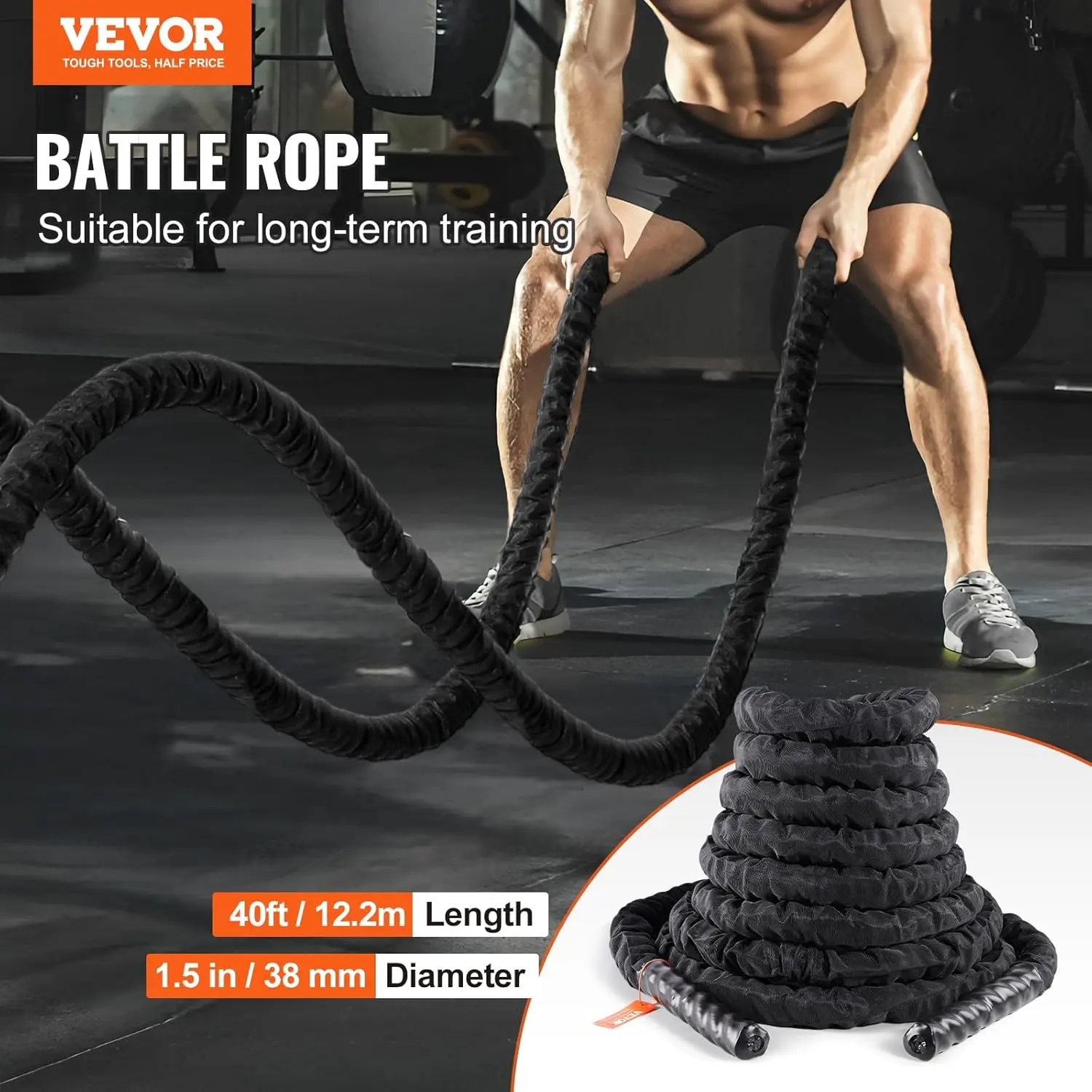 Battle Rope, 1.5 Inch Diameter 40Ft Length Polyester Exercise Rope, Battle Exercise Equipment with Protective Sleeve & Anchor