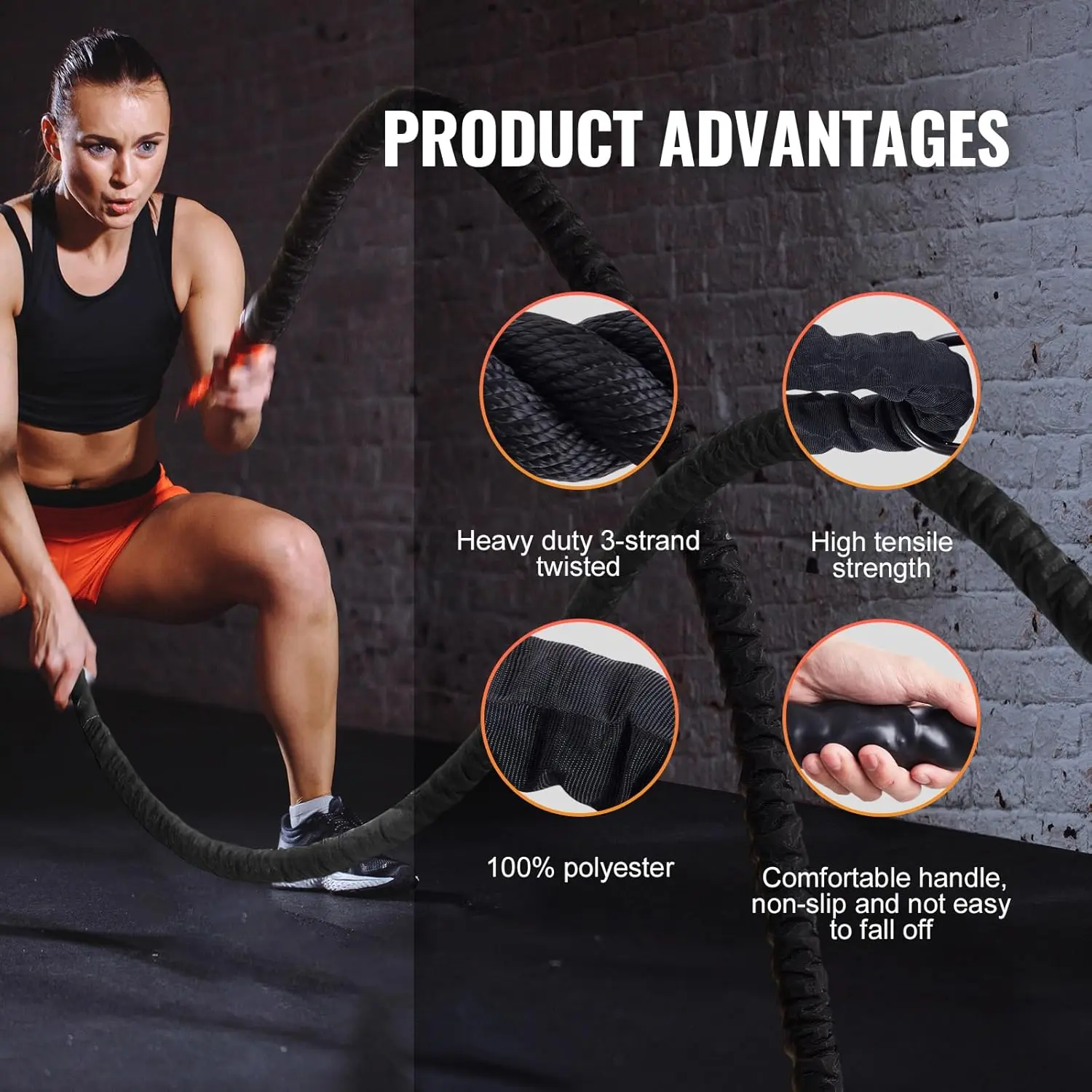 Battle Rope, 1.5 Inch Diameter 40Ft Length Polyester Exercise Rope, Battle Exercise Equipment with Protective Sleeve & Anchor