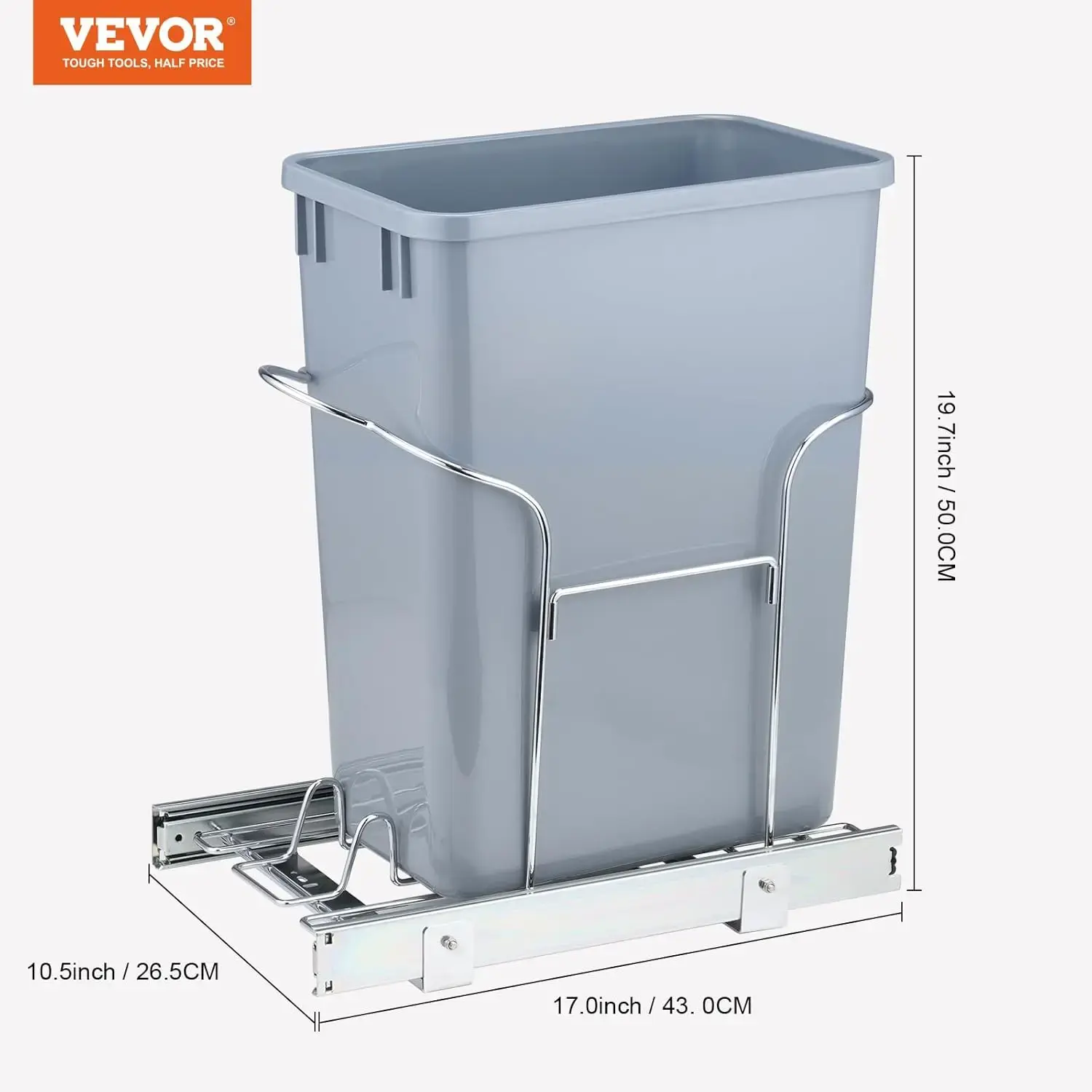 Pull-Out Trash Can, 29L Single Bin, Under Mount Kitchen Waste Container with Slide and Handle, 110 lbs Load Capacity