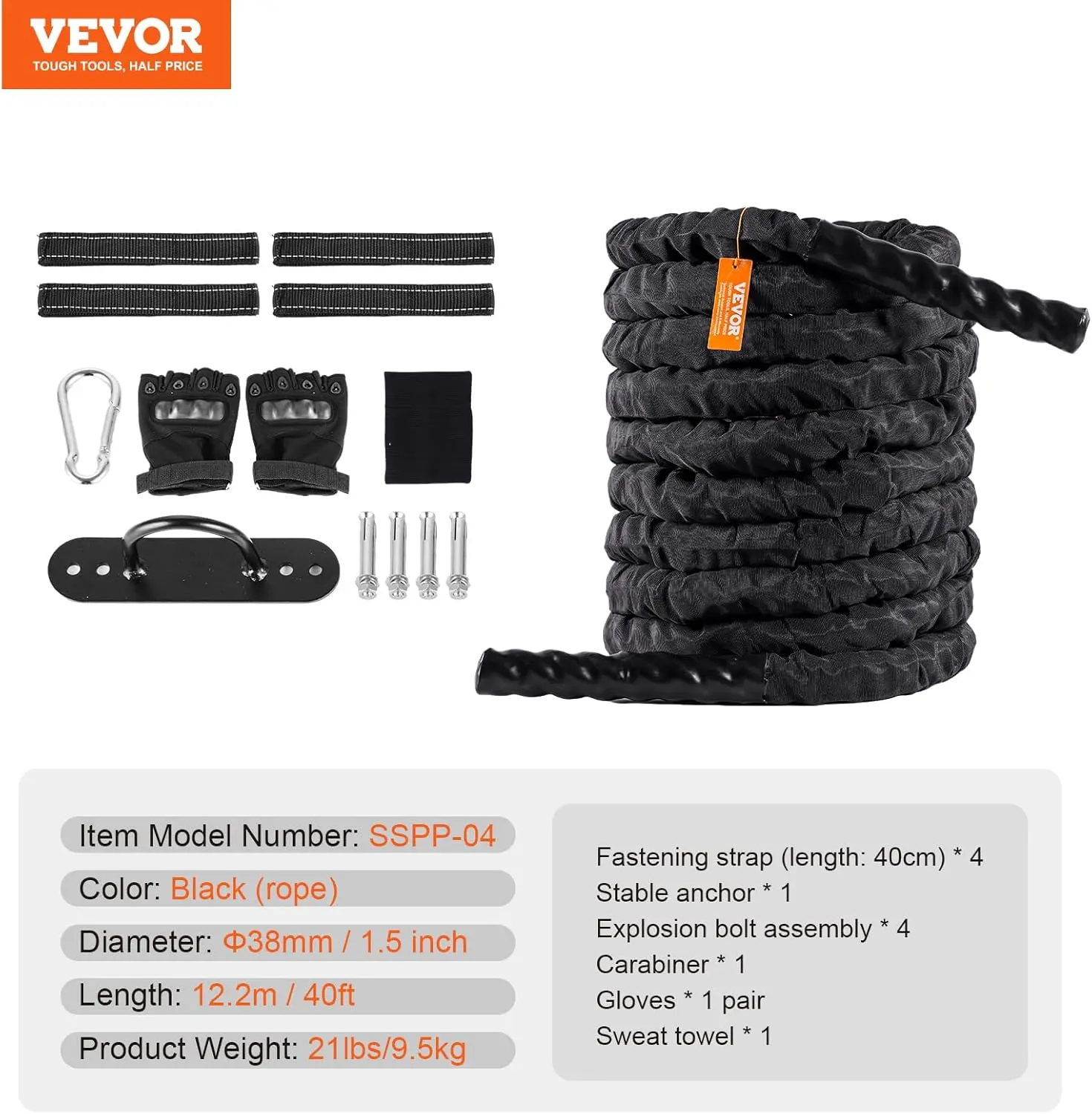 Battle Rope, 1.5 Inch Diameter 40Ft Length Polyester Exercise Rope, Battle Exercise Equipment with Protective Sleeve & Anchor