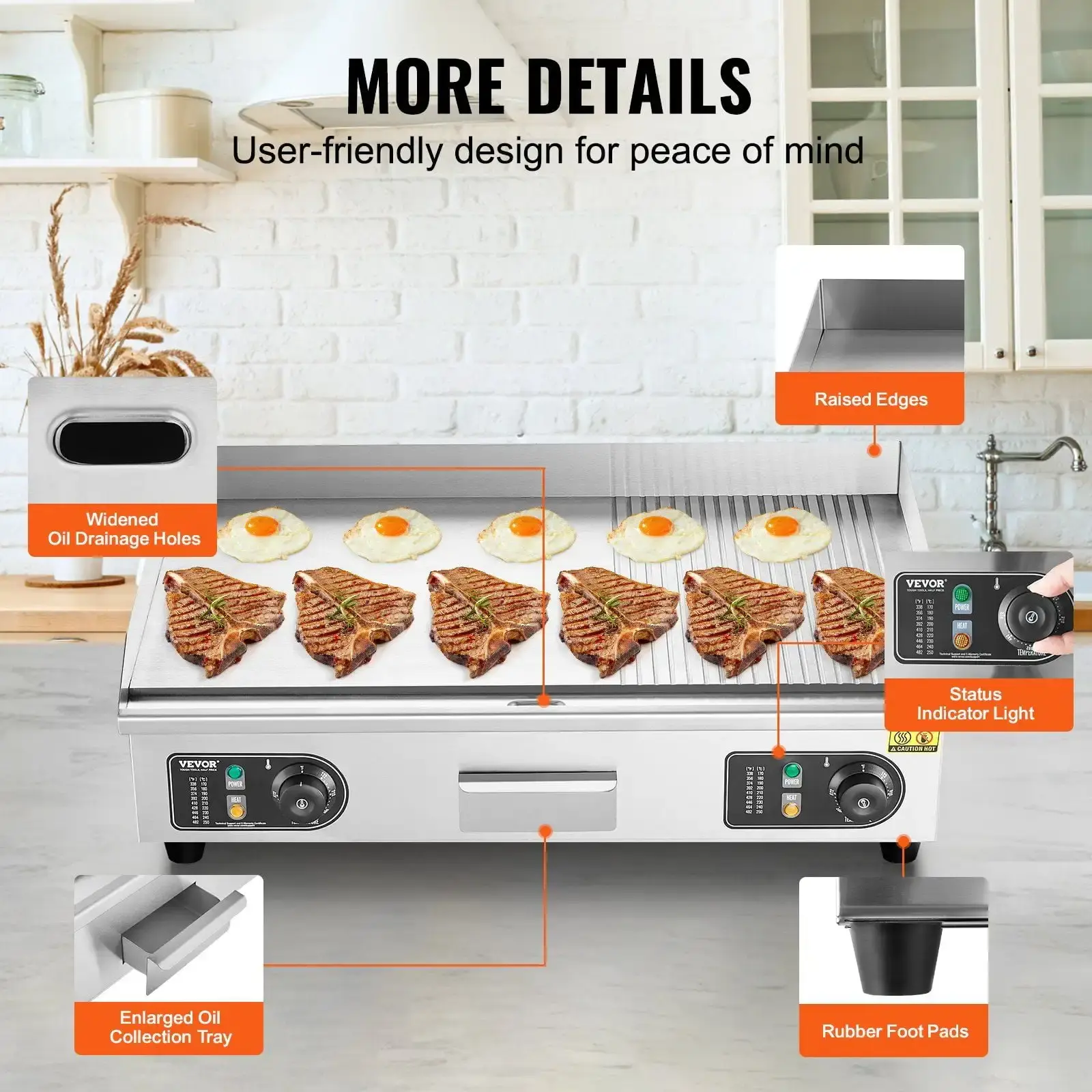 2800W Countertop Half-Flat Top Grill, Commercial Electric Griddle, 28.74x15.75x0.39in Stainless Steel Griddle Grill