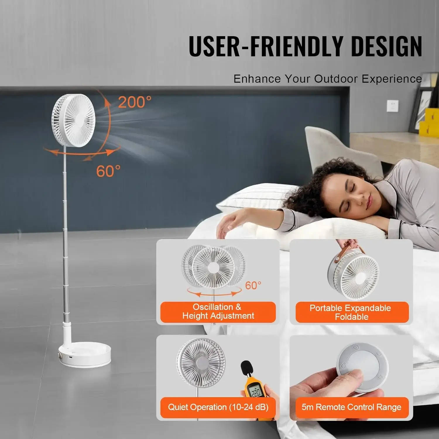 8 Inch Foldable Oscillating Standing Fan with Remote Control, 4 Speed Adjustable Desk Fan, 7200mah Rechargeable USB Small Fan
