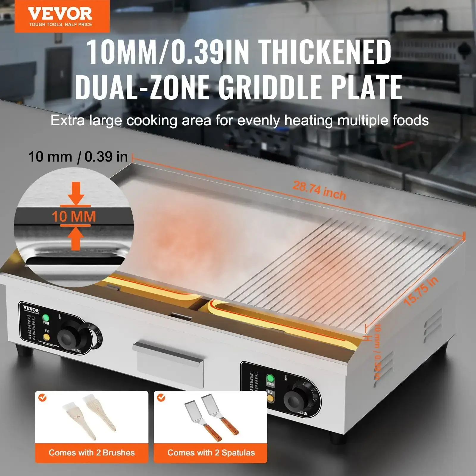 2800W Countertop Half-Flat Top Grill, Commercial Electric Griddle, 28.74x15.75x0.39in Stainless Steel Griddle Grill