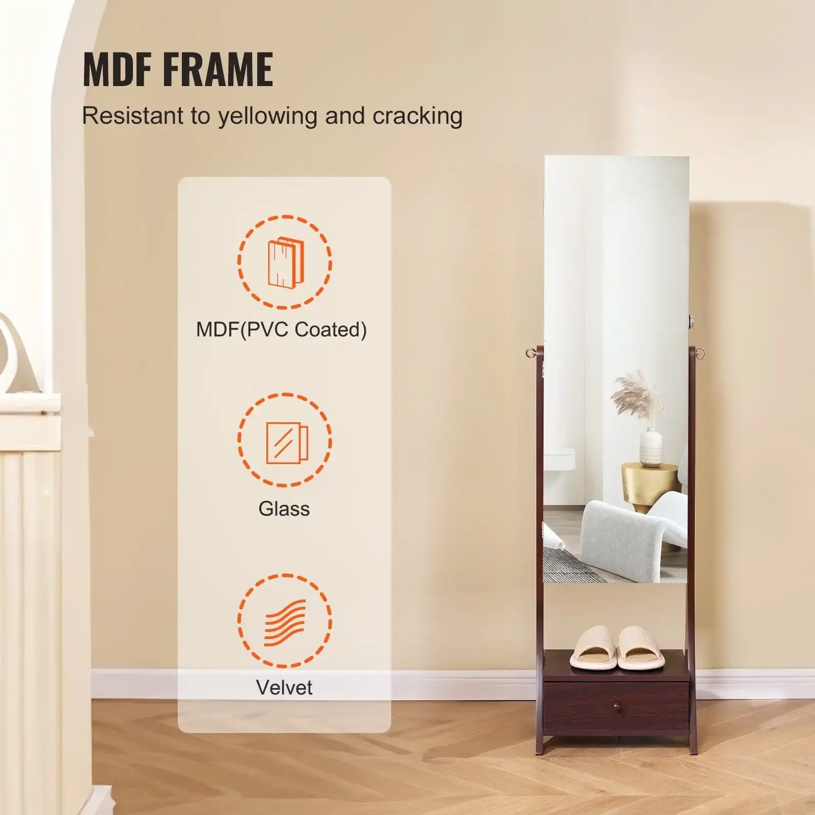 Mirror Jewelry Cabinet Standing Mirror with Storage Full Length Brown