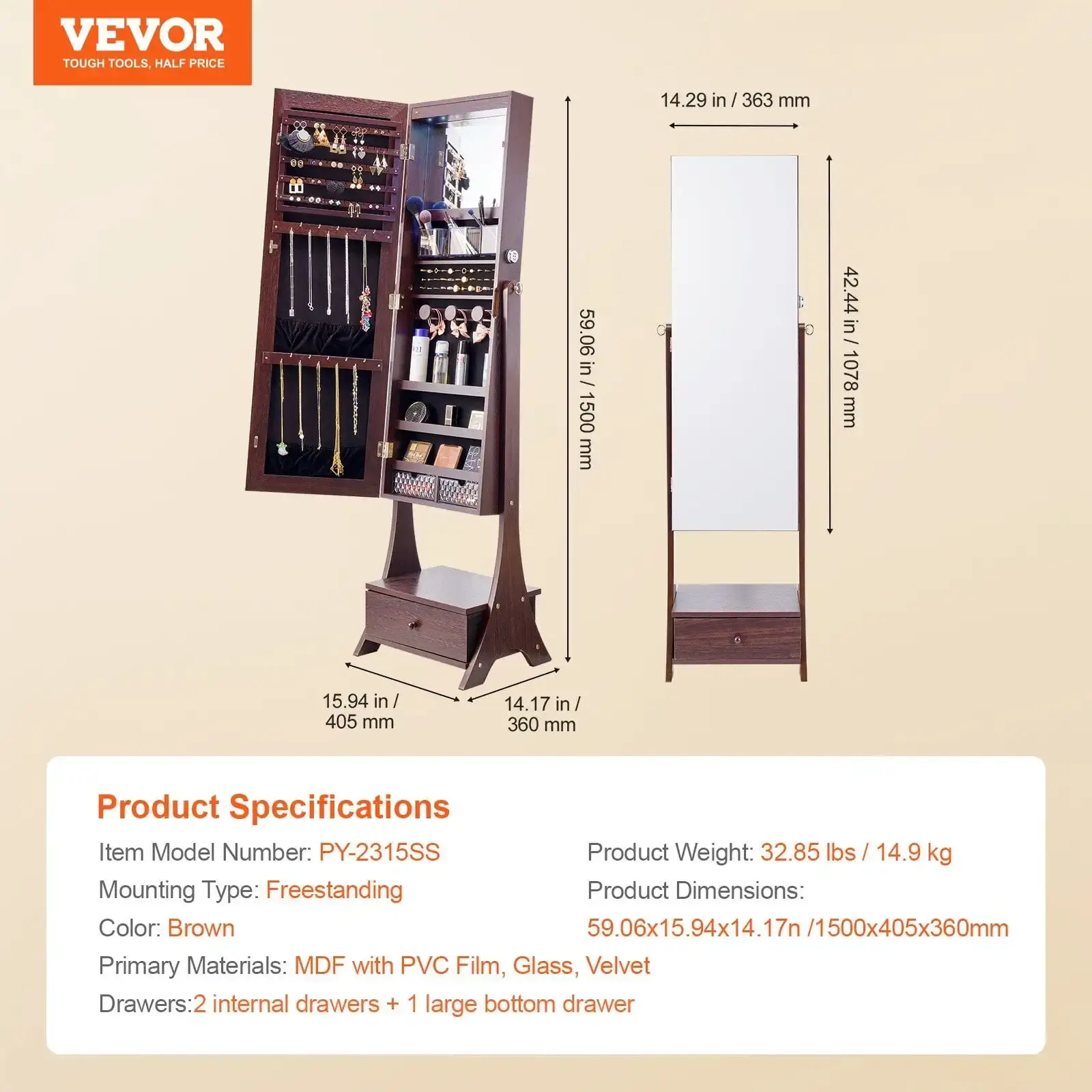 Mirror Jewelry Cabinet Standing Mirror with Storage Full Length Brown