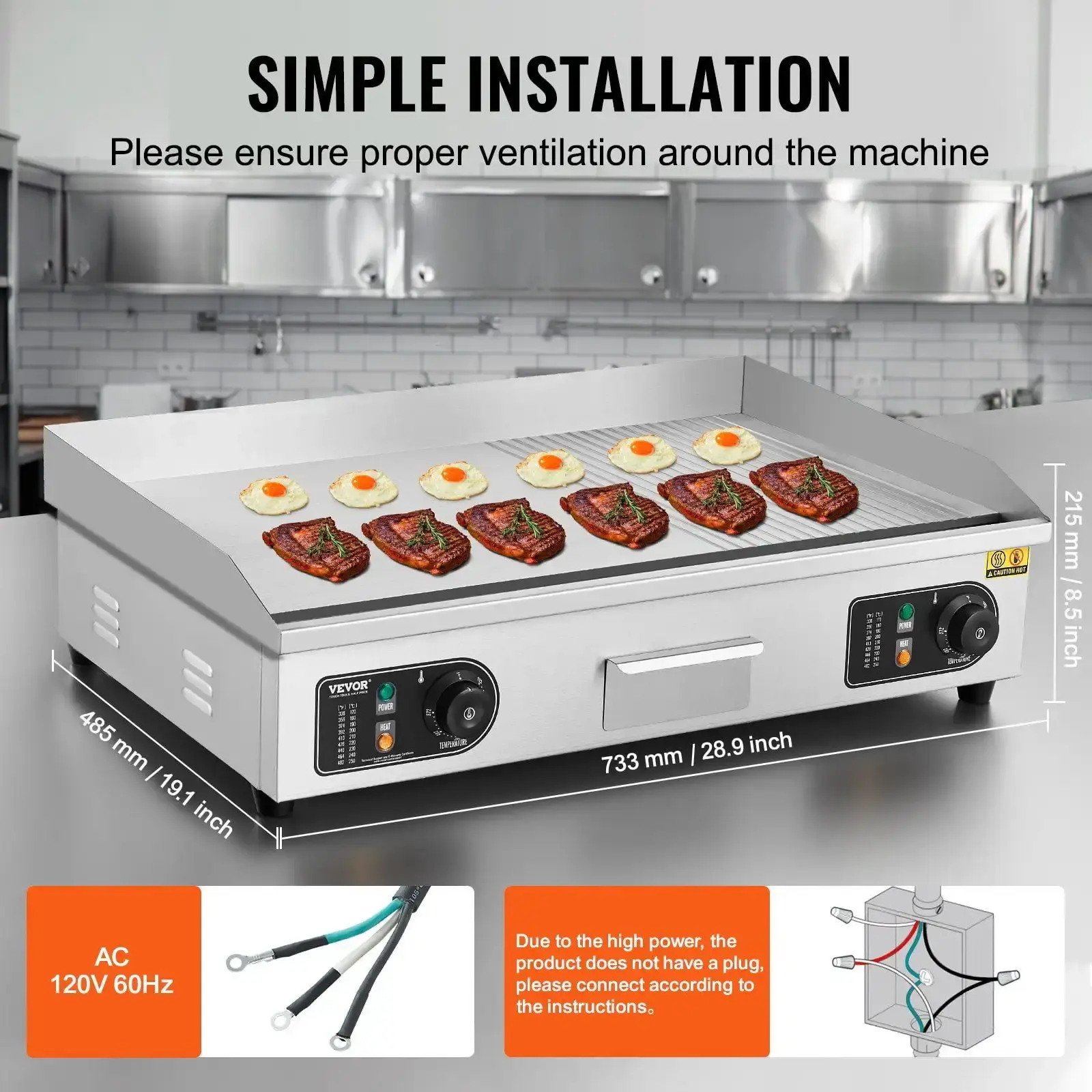 2800W Countertop Half-Flat Top Grill, Commercial Electric Griddle, 28.74x15.75x0.39in Stainless Steel Griddle Grill