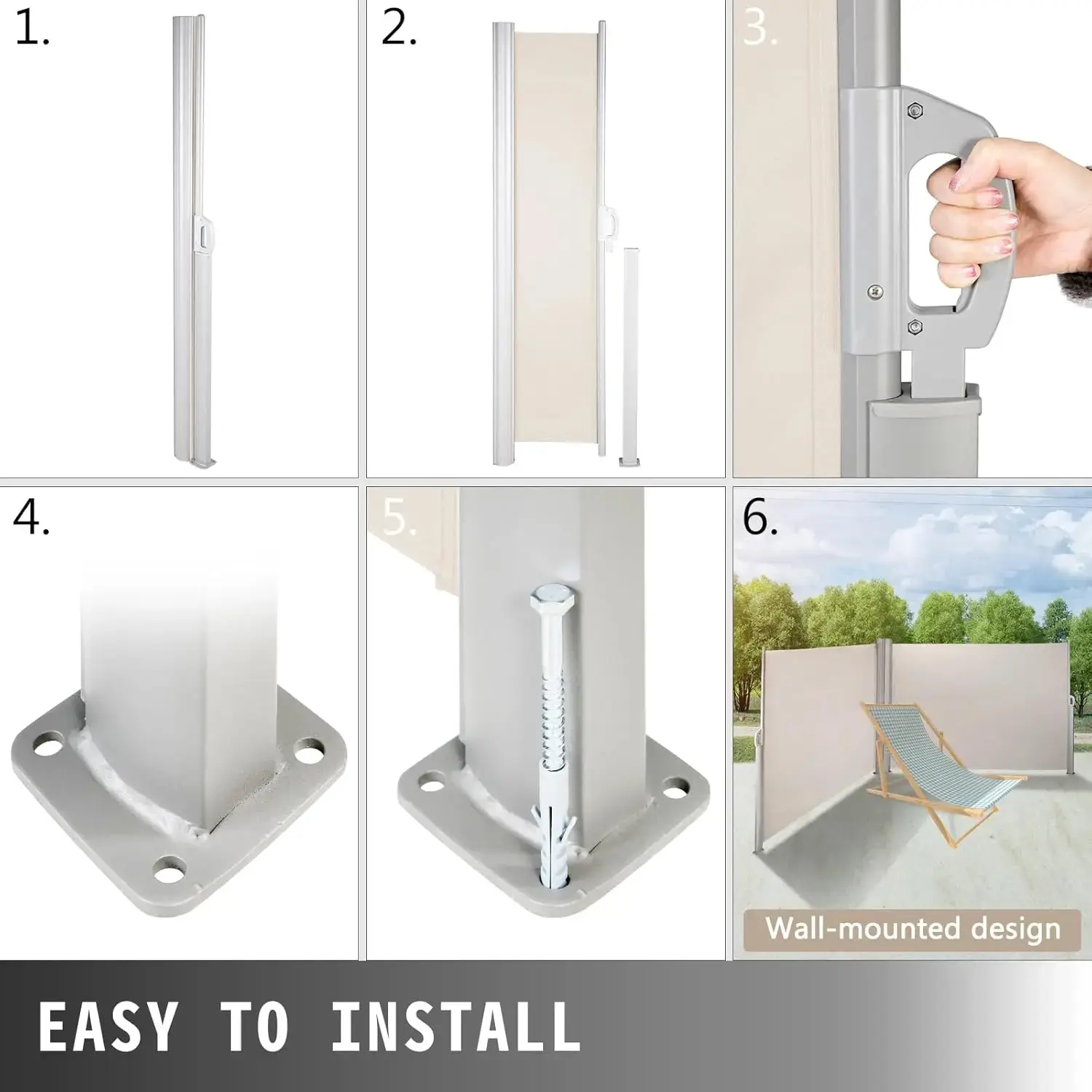 Beige Retractable 63''*236'' Awning-Rugged Full Aluminum Rust-Proof; Patio Sunshine Screen; Wind Screen. Longer Service Life