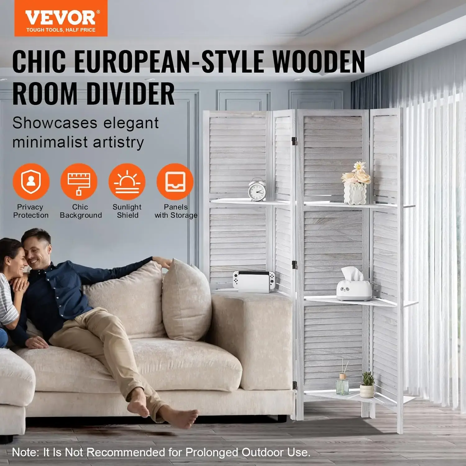 Wood Room Divider, 4 Panel Wood Folding Privacy Screen, 66.9 Inches Tall Indoor Louvered Partition Divider