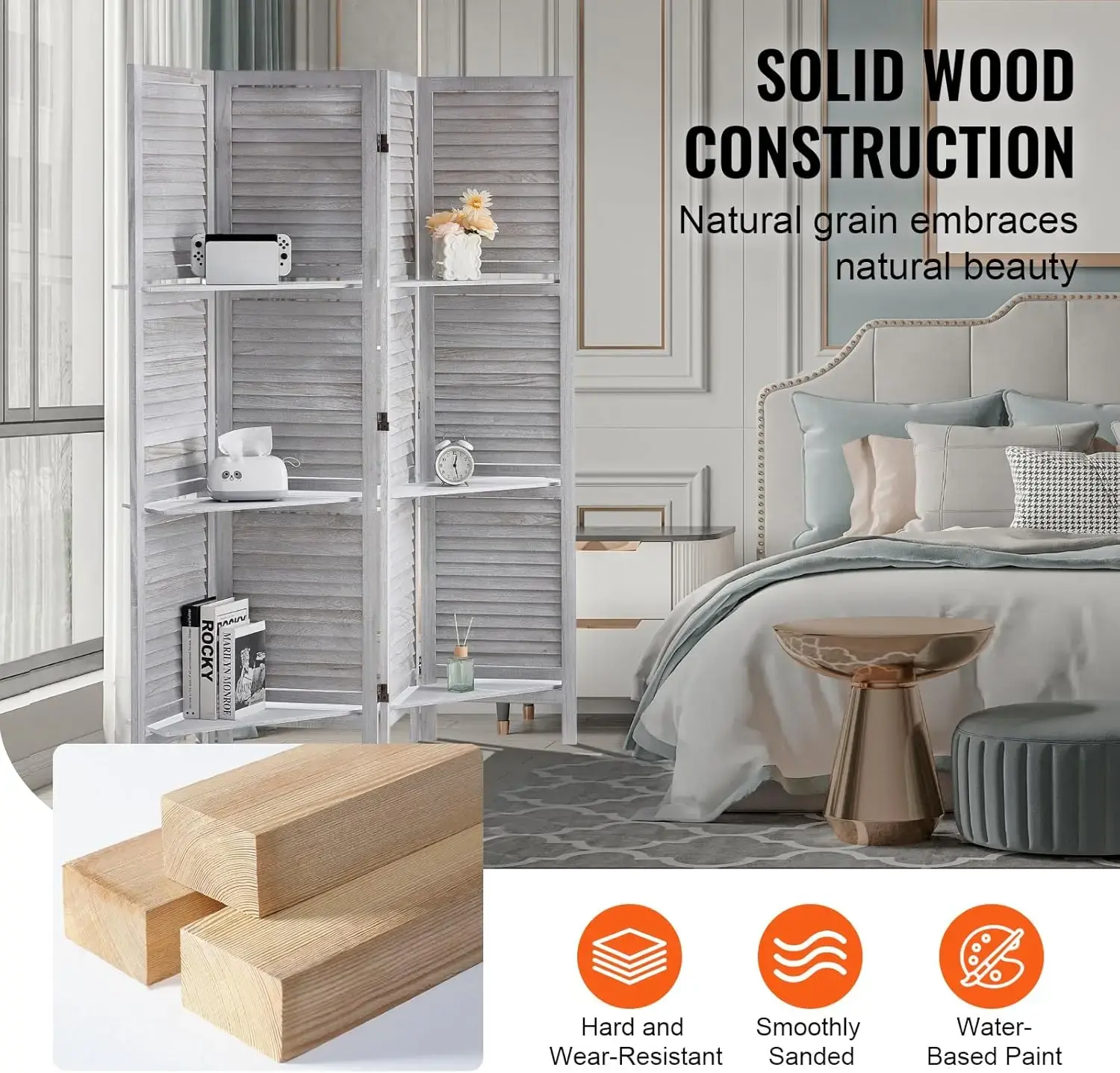 Wood Room Divider, 4 Panel Wood Folding Privacy Screen, 66.9 Inches Tall Indoor Louvered Partition Divider