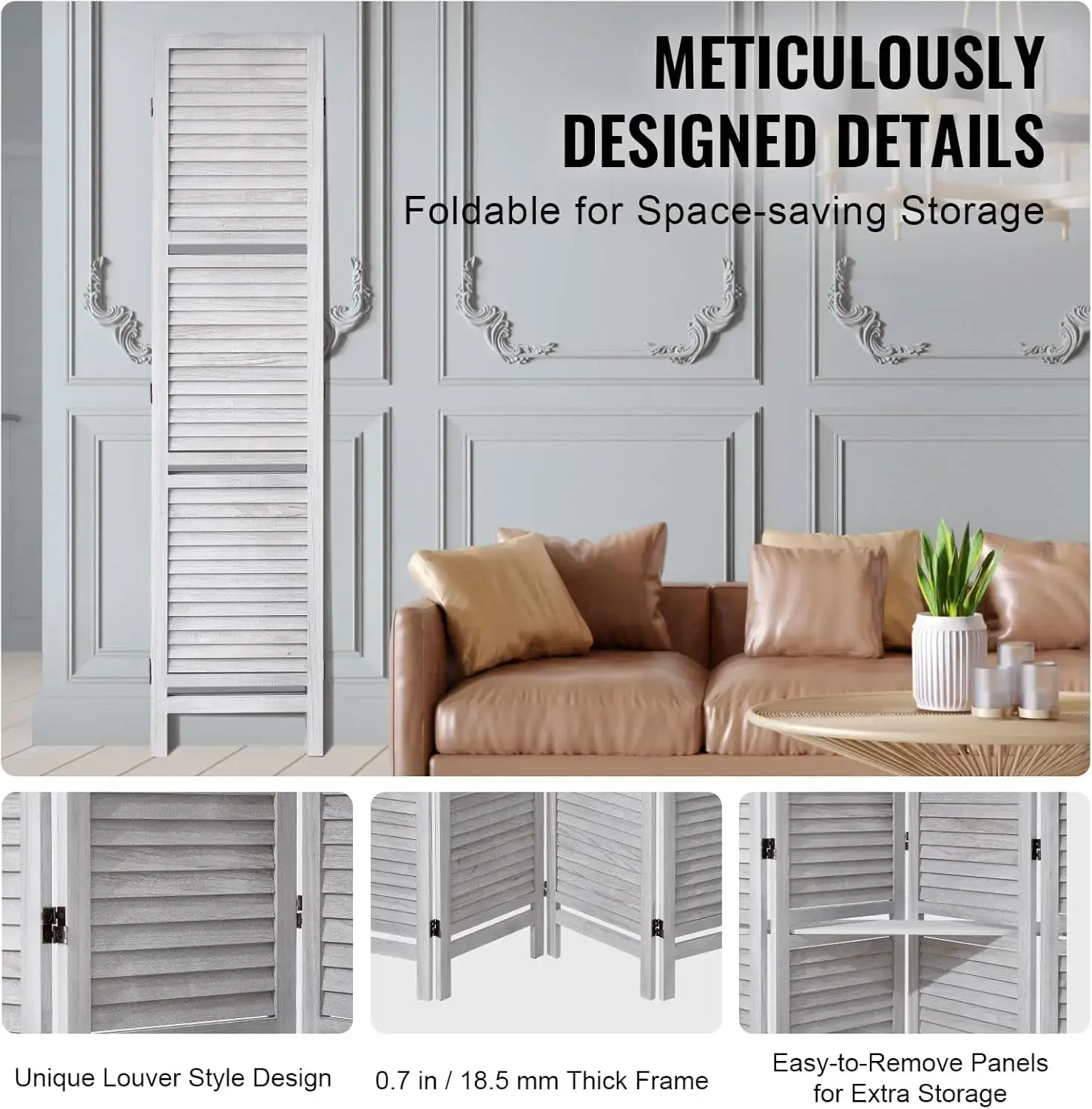 Wood Room Divider, 4 Panel Wood Folding Privacy Screen, 66.9 Inches Tall Indoor Louvered Partition Divider