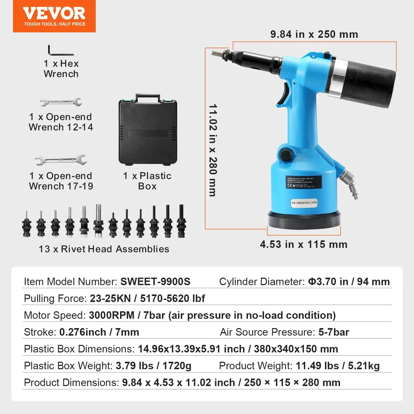 Pneumatic Air Riveter - Heavy Duty Rivet Gun Tool Kit with 13 Nose Pieces