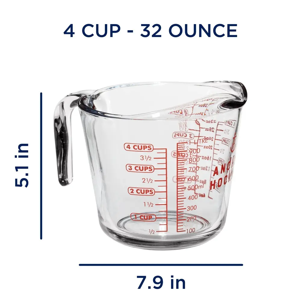 Durable Glass Measuring Cup 4 Cup Microwave Dishwasher Safe Easy Read Red Markings Precision Cooking Baking and Mixing