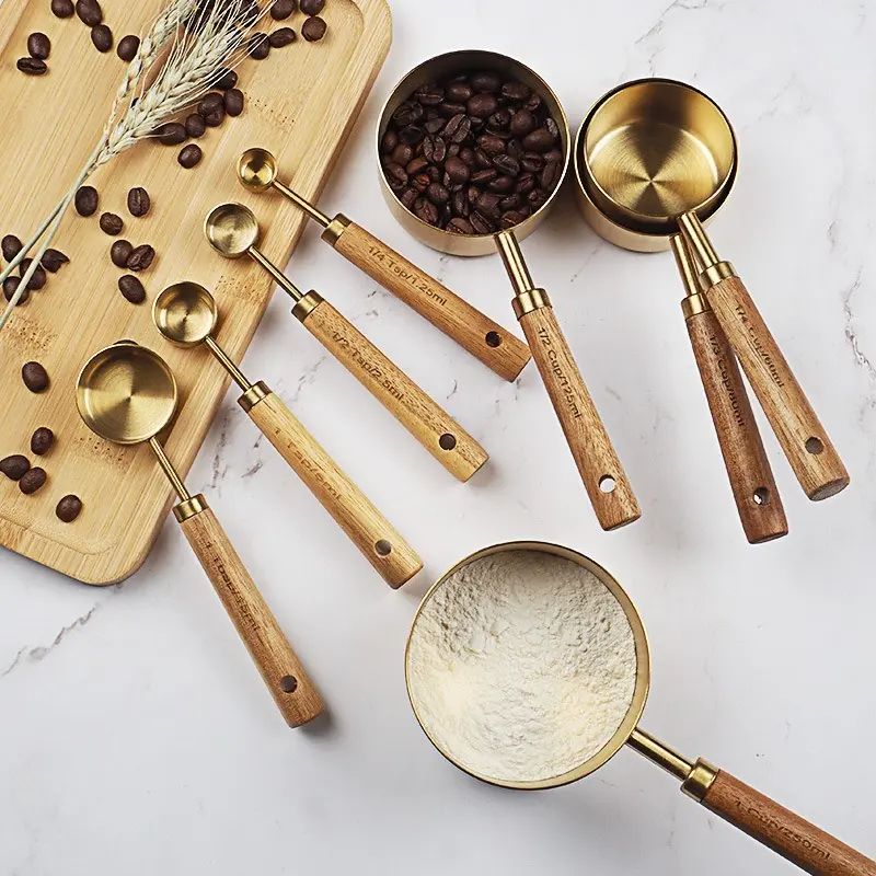 4/8Pcs Wooden Handle Stainless Steel Measuring Cups Spoons Baking Tools Coffee Measuring Spoon Set Bartending Scale Accessories