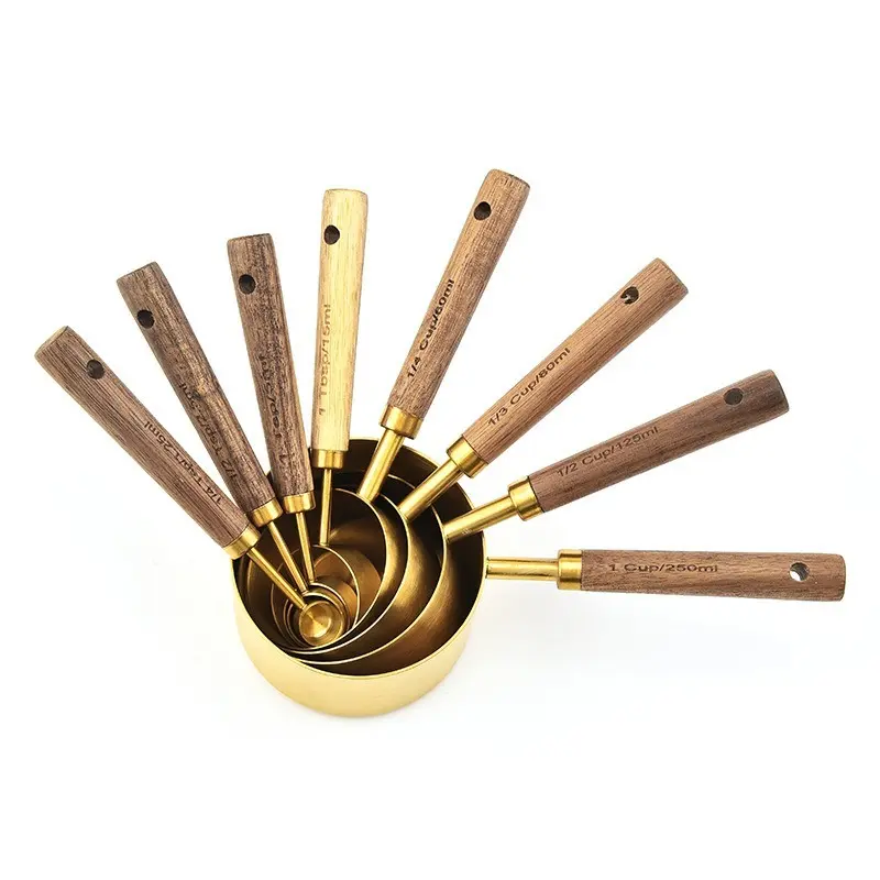 4/8Pcs Wooden Handle Stainless Steel Measuring Cups Spoons Baking Tools Coffee Measuring Spoon Set Bartending Scale Accessories