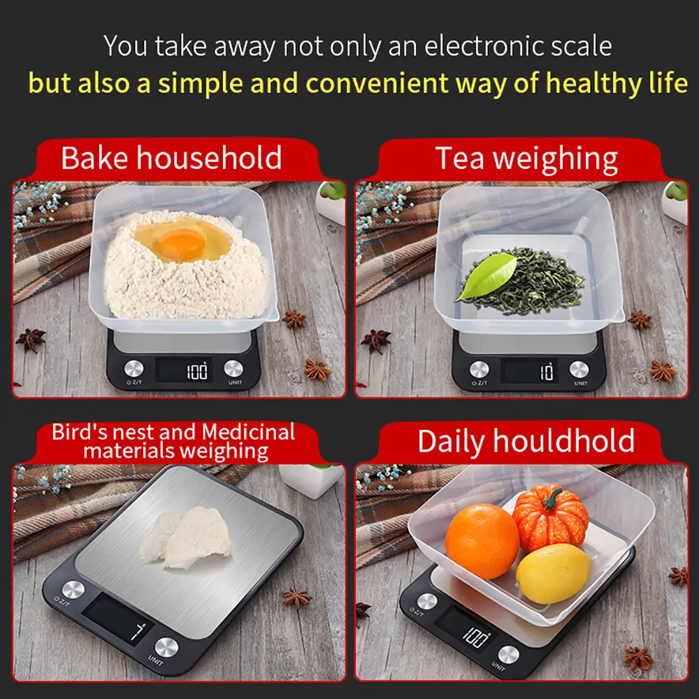 Kitchen Scale 15Kg/1g Baking Weighing Food Coffee Balance Smart Electronic Digital Scales Stainless Steel Design for Cooking