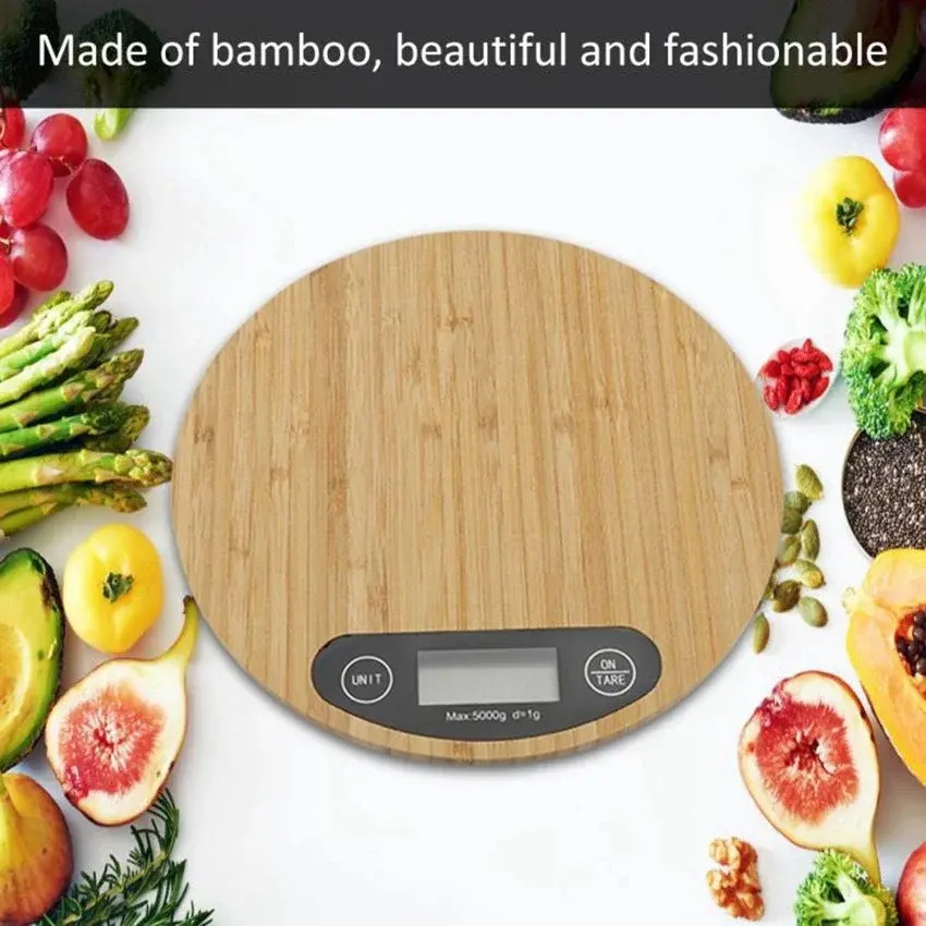 Digital Kitchen Scale, Multifunction Bamboo Food Scale Baking Measure Weight, 1g/5kg, Tare Function, 4 unit(G/ML/OZ/LB.OZ)