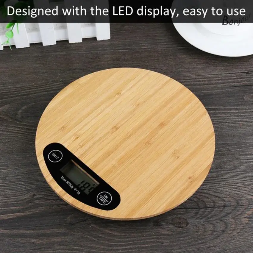 Digital Kitchen Scale, Multifunction Bamboo Food Scale Baking Measure Weight, 1g/5kg, Tare Function, 4 unit(G/ML/OZ/LB.OZ)