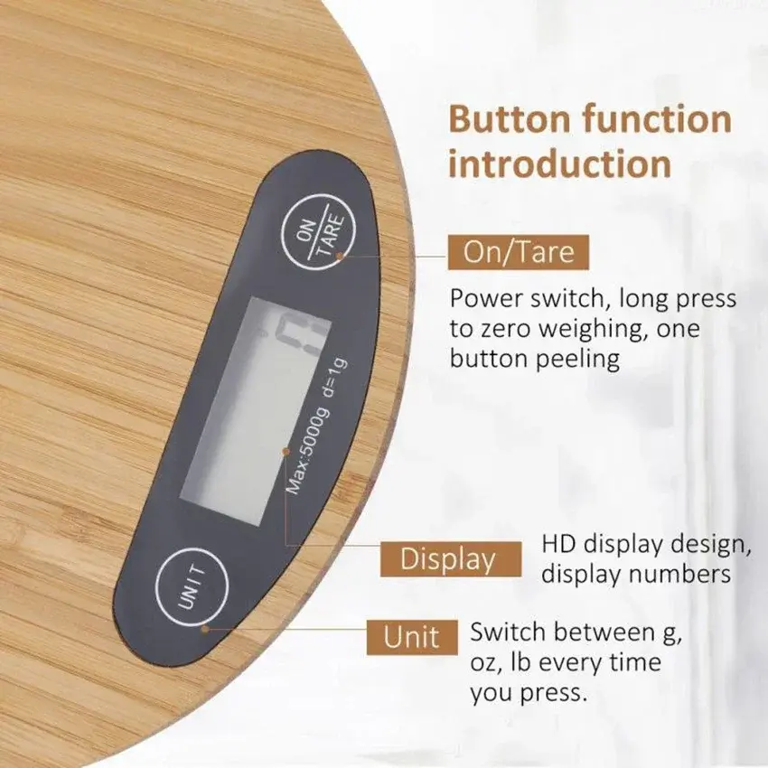 Digital Kitchen Scale, Multifunction Bamboo Food Scale Baking Measure Weight, 1g/5kg, Tare Function, 4 unit(G/ML/OZ/LB.OZ)