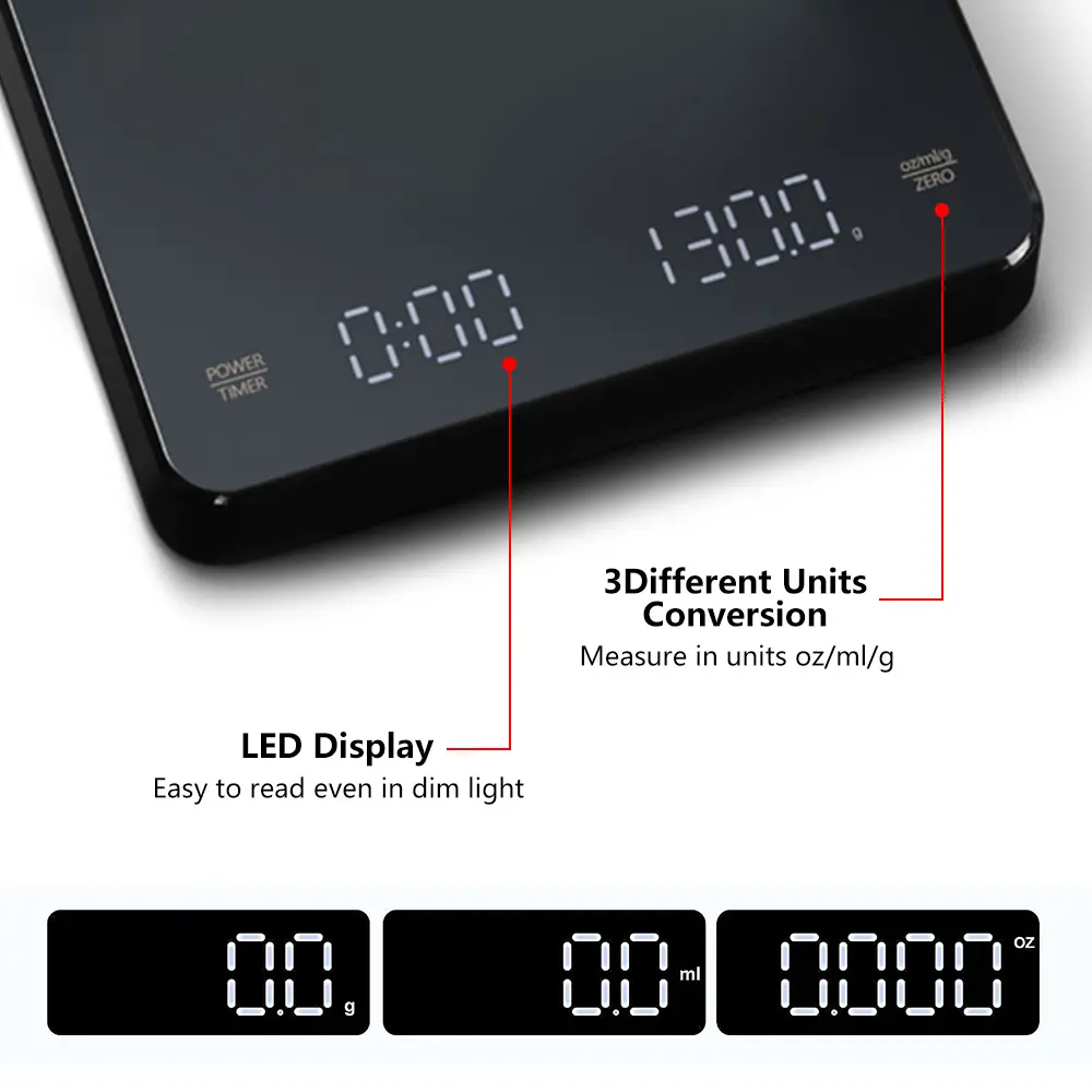 Mini Coffee Scale with Timer Digital Coffee Electronic Scales USB 3kg 0.1g  High Precision Measures LED Screen Espresso Scale