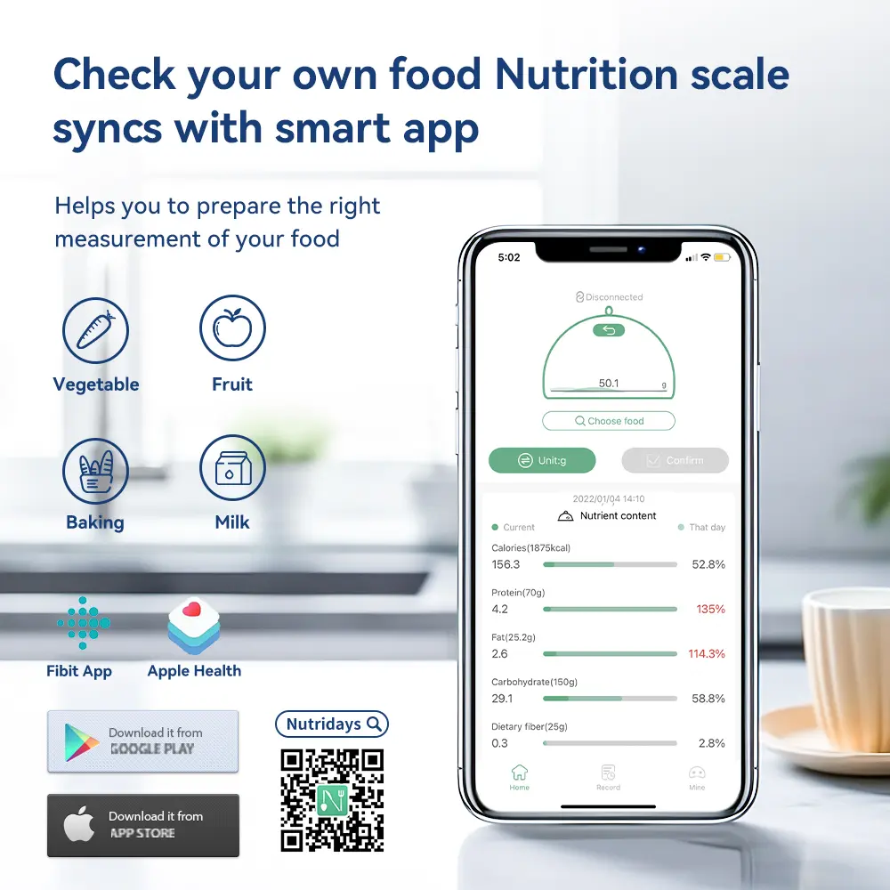5kg/0.1g/1g Smart Kitchen Scales Nutrition Scale Smart Food Calories Scale Cook Bake Digital Scale with Nutrition Calculator APP