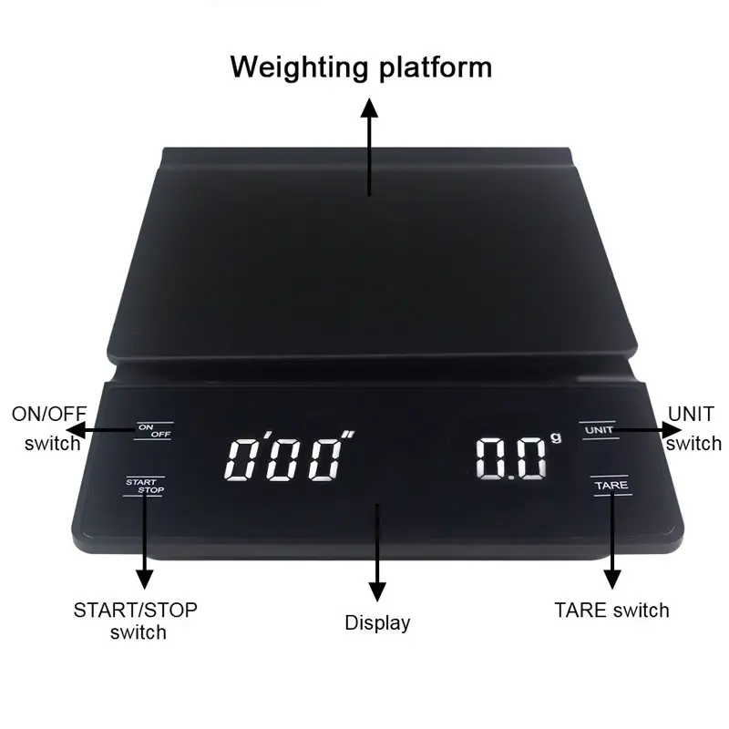 3kg Large Capacity High-Precision Coffee Scale Digital Scale with Timer Baking Scale One-Click Zero Anti-Slip Mat Multi-Functional Food Scale Unit Conversion Battery 2*Aaa Design Black