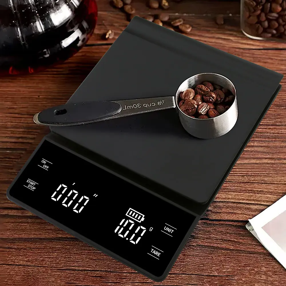 3kg Large Capacity High-Precision Coffee Scale Digital Scale with Timer Baking Scale One-Click Zero Anti-Slip Mat Multi-Functional Food Scale Unit Conversion Battery 2*Aaa Design Black