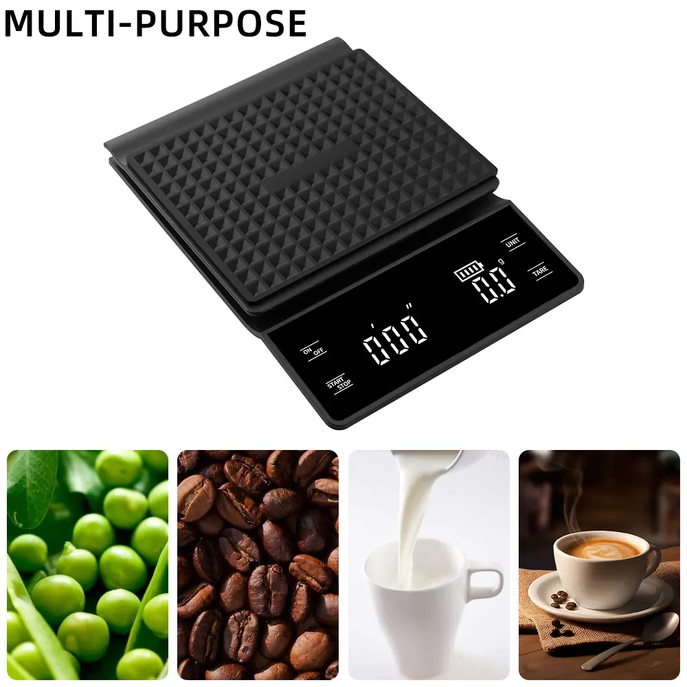 3kg Large Capacity High-Precision Coffee Scale Digital Scale with Timer Baking Scale One-Click Zero Anti-Slip Mat Multi-Functional Food Scale Unit Conversion Battery 2*Aaa Design Black
