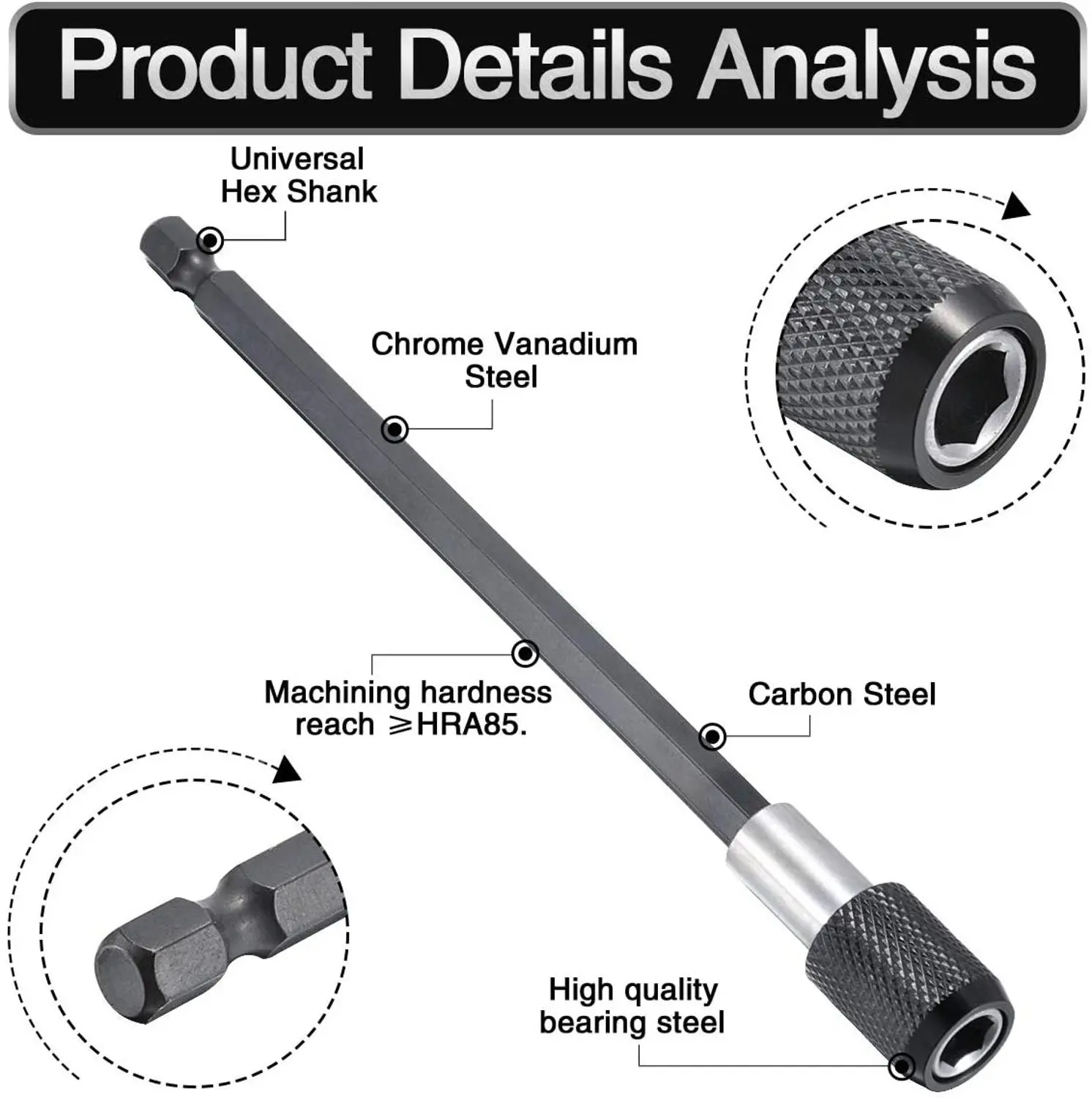 1/4 Inch Hex Shank Quick Release Screwdriver Magnetic Bit Holder with Adjustable Collar Extension Bar 60mm 100mm 150mm
