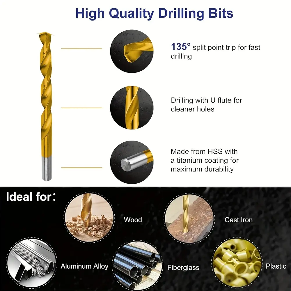 99Pcs 1.5mm - 10mm Titanium Coated Drill Bits HSS High Speed Steel Drill Bits Set Tool High Quality Power Tools Woodworking Hole
