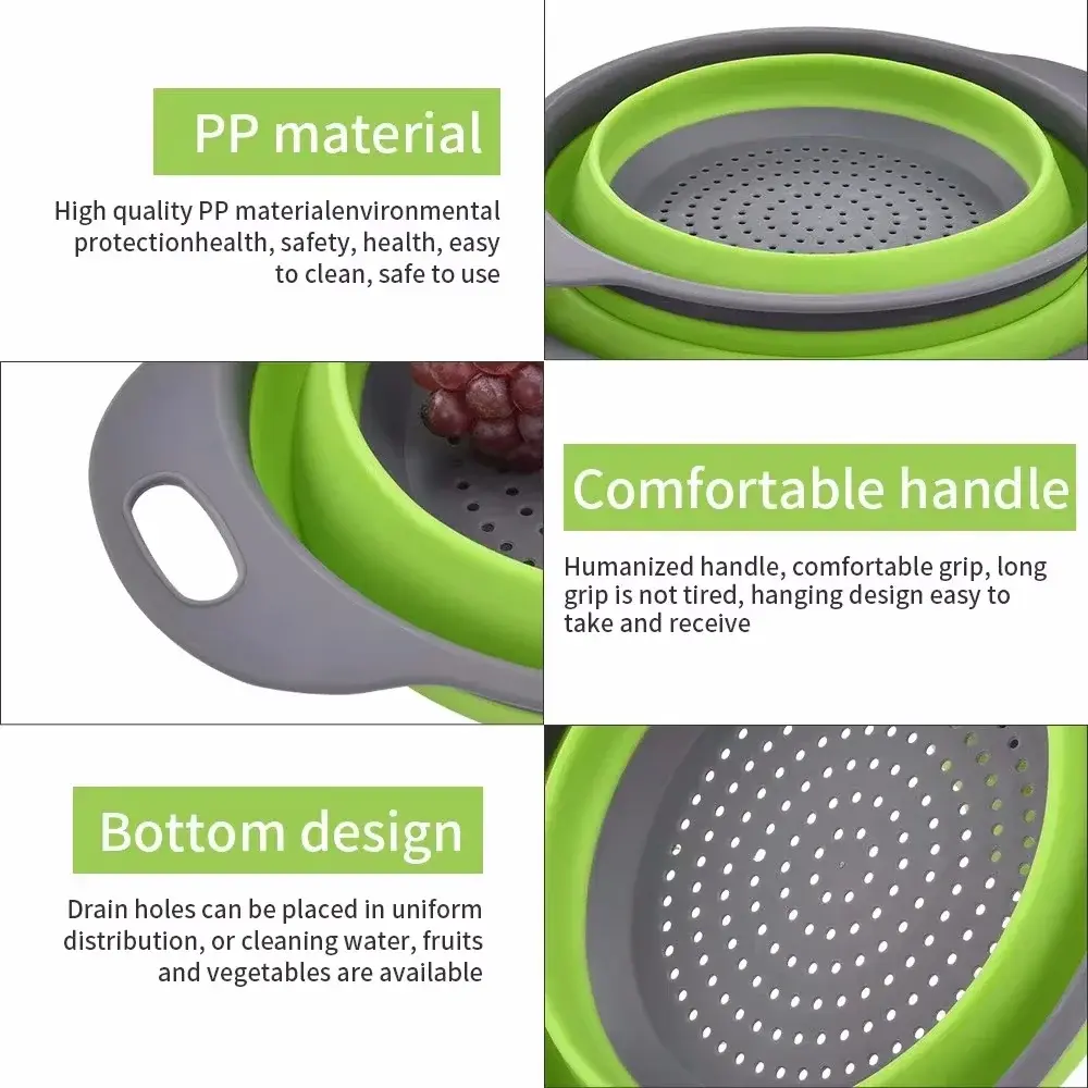 Folding Silicone Drain Basket 2PCS Round Fruit Vegetable Washing Basket Square Foldable Strainer Colander Kitchen Drain Gadgets